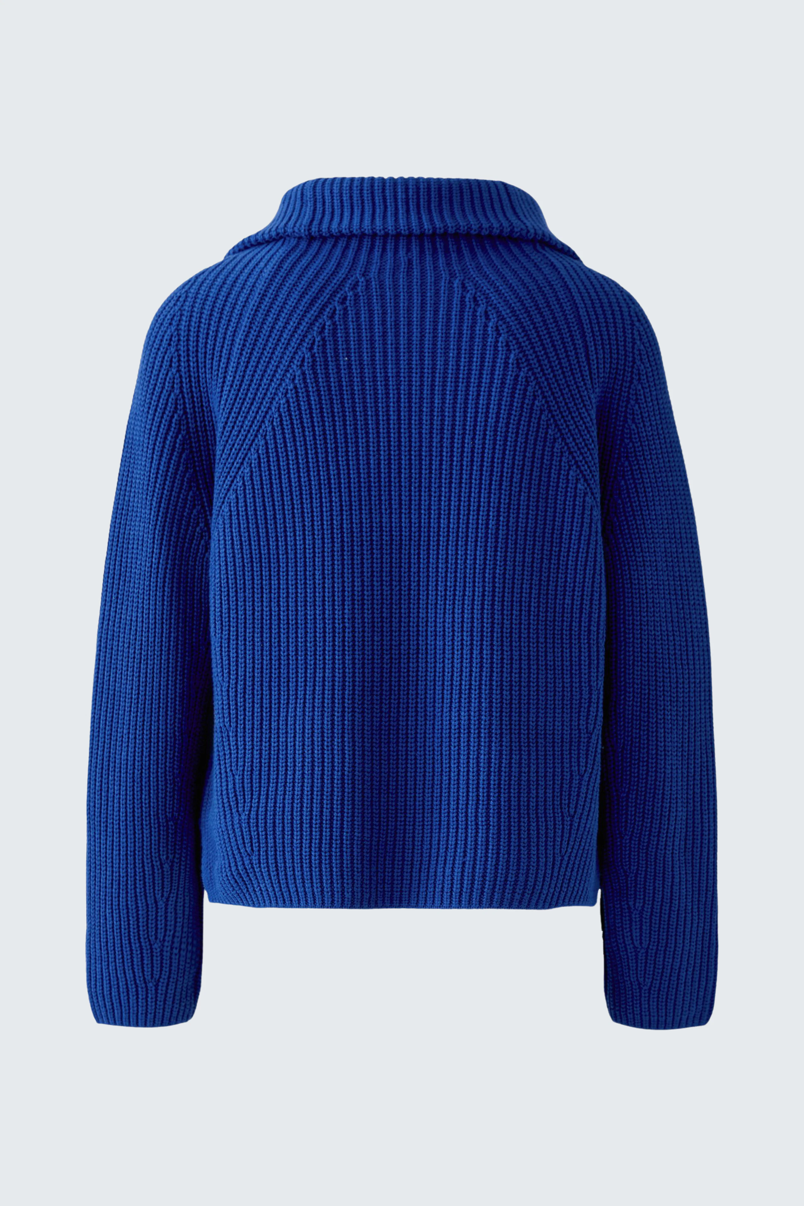 Blue ribbed pullover with a cozy collar, shown from the back. No model visible.