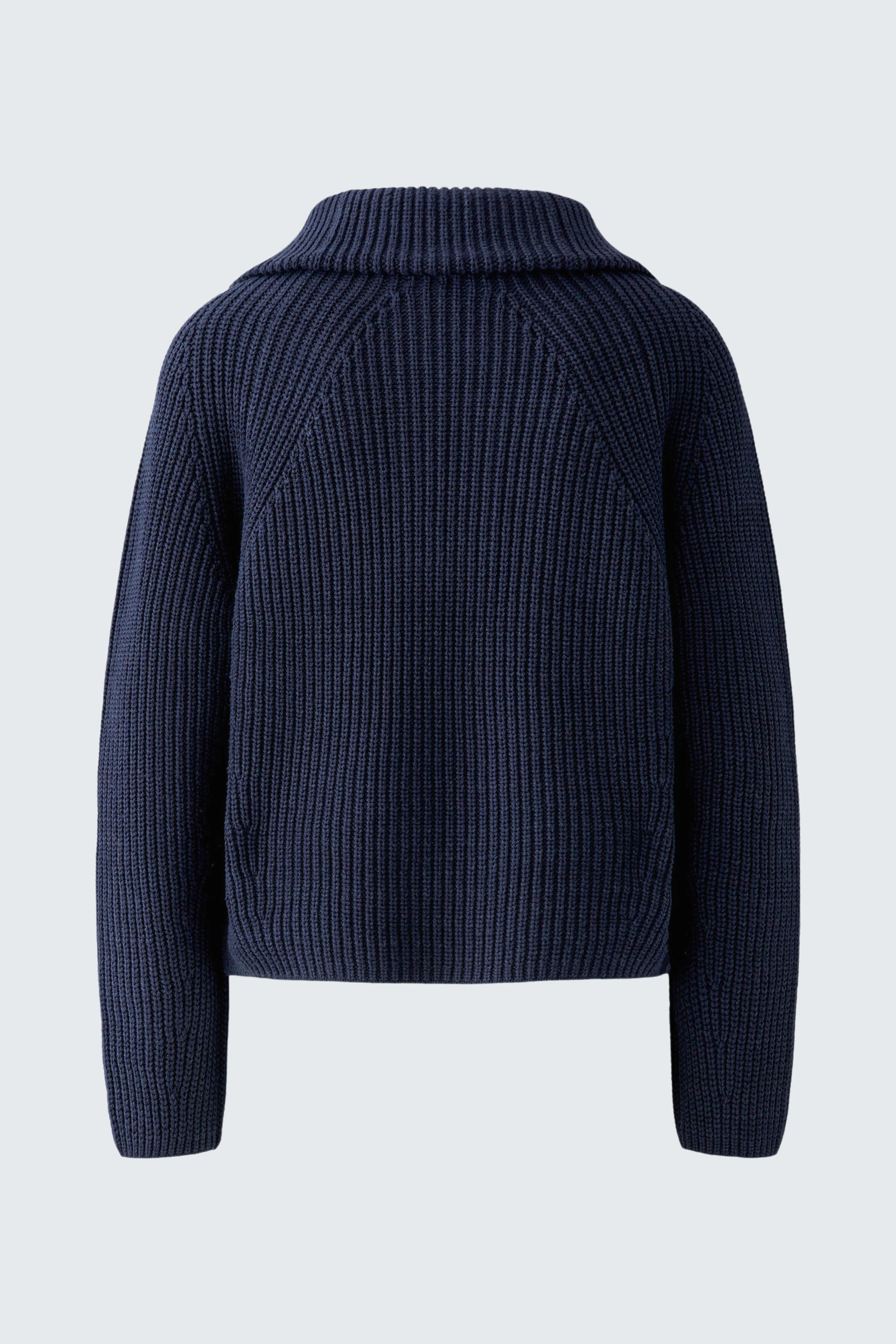 Navy ribbed pullover with a cozy collar, perfect for casual wear. No model, just the garment shown.