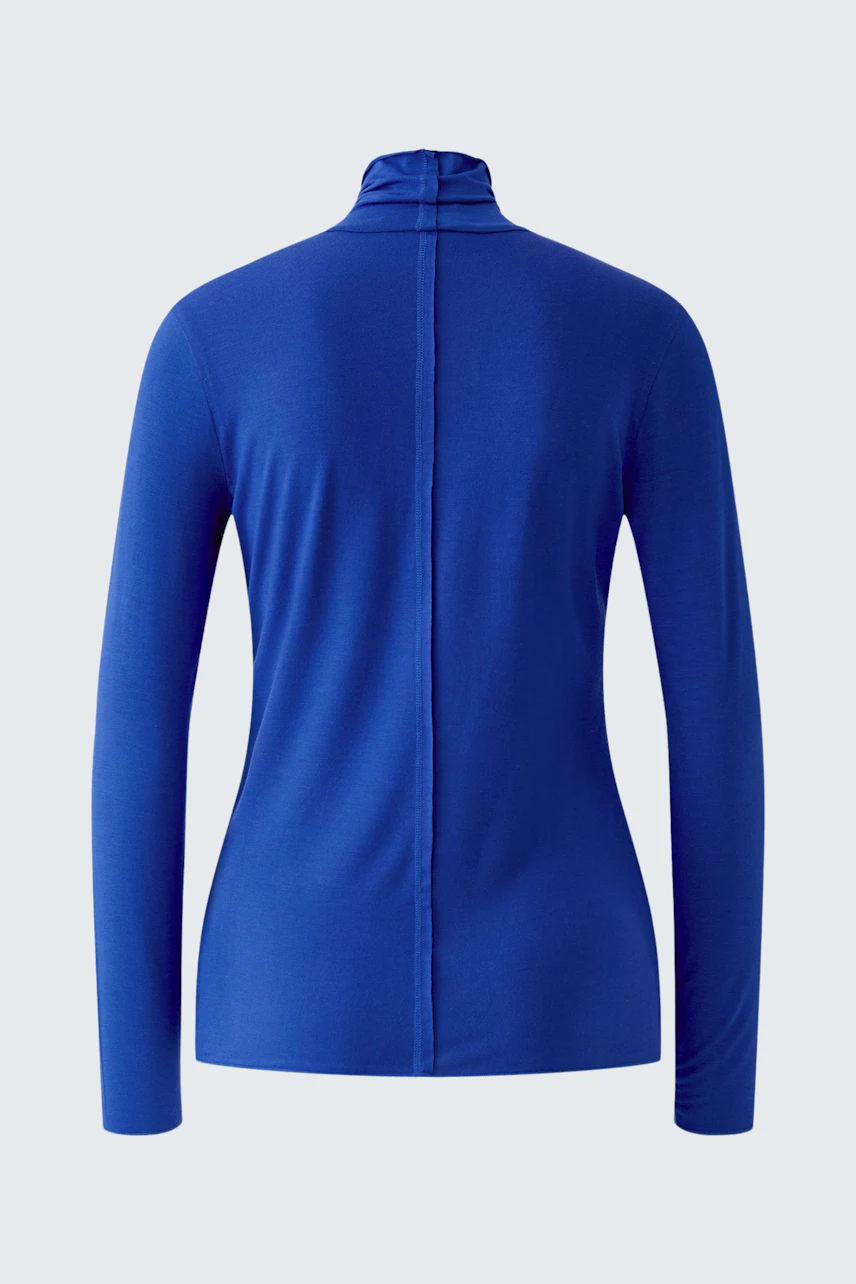 Blue long-sleeve shirt: Back view of a simple, fitted design without a model.