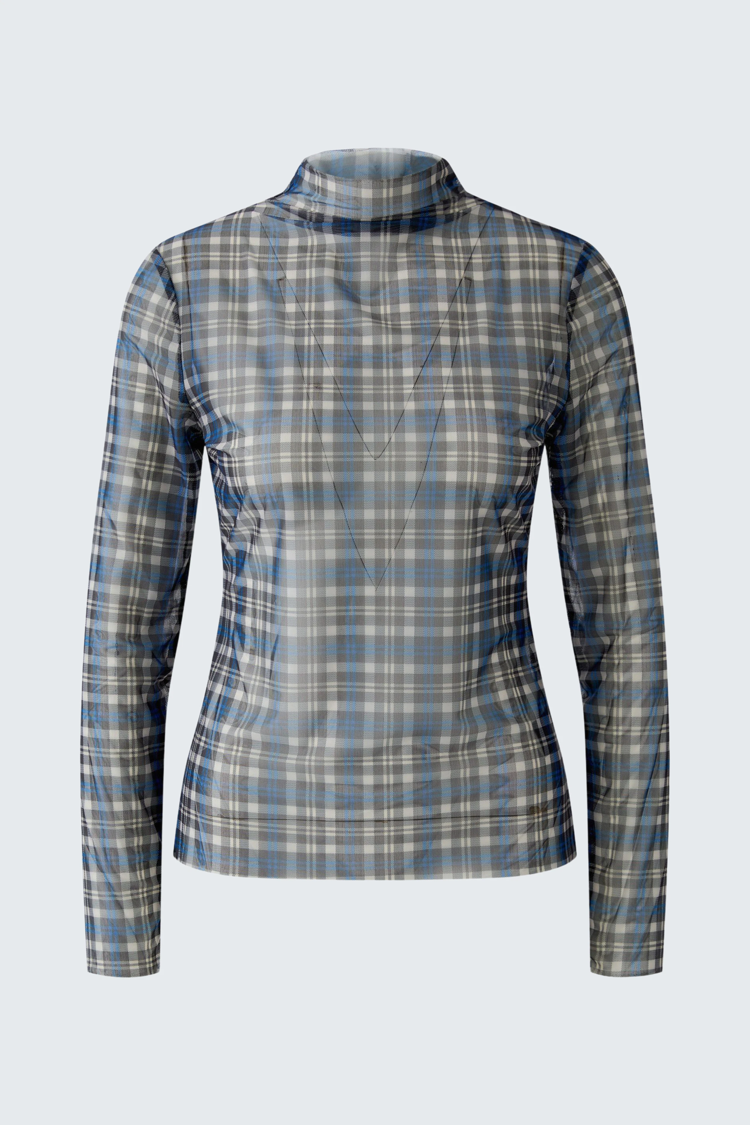 Plaid long-sleeve shirt: Blue and white checkered pattern, perfect for casual wear.
