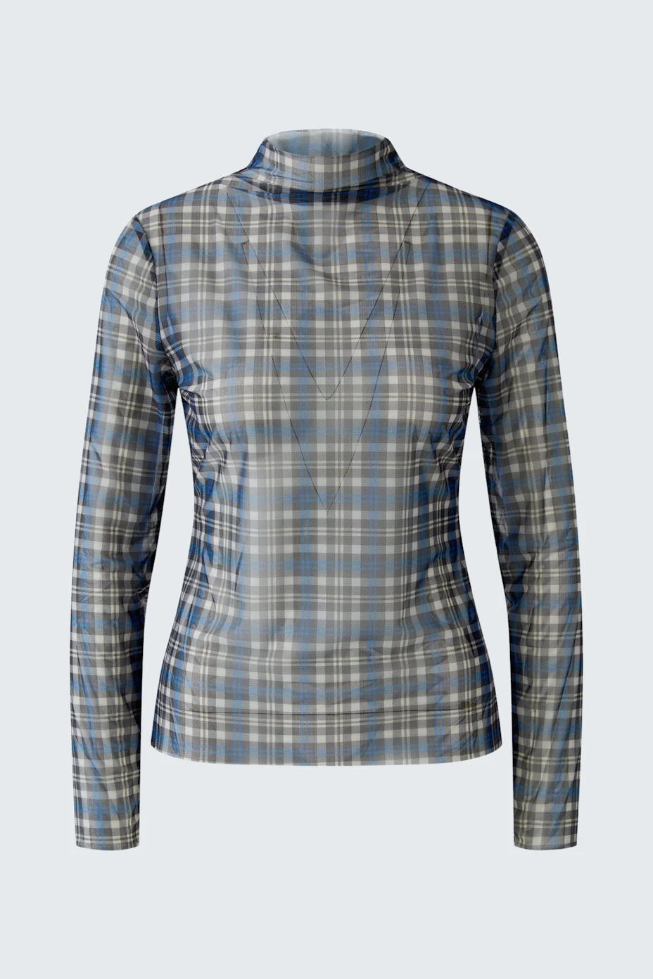 Plaid long-sleeve shirt: Blue and white checkered pattern, perfect for casual wear.