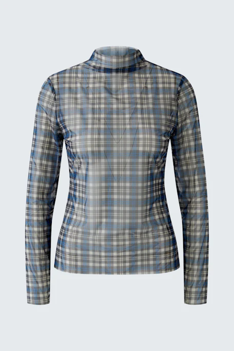Plaid long-sleeve shirt: Blue and white checkered pattern, perfect for casual wear.