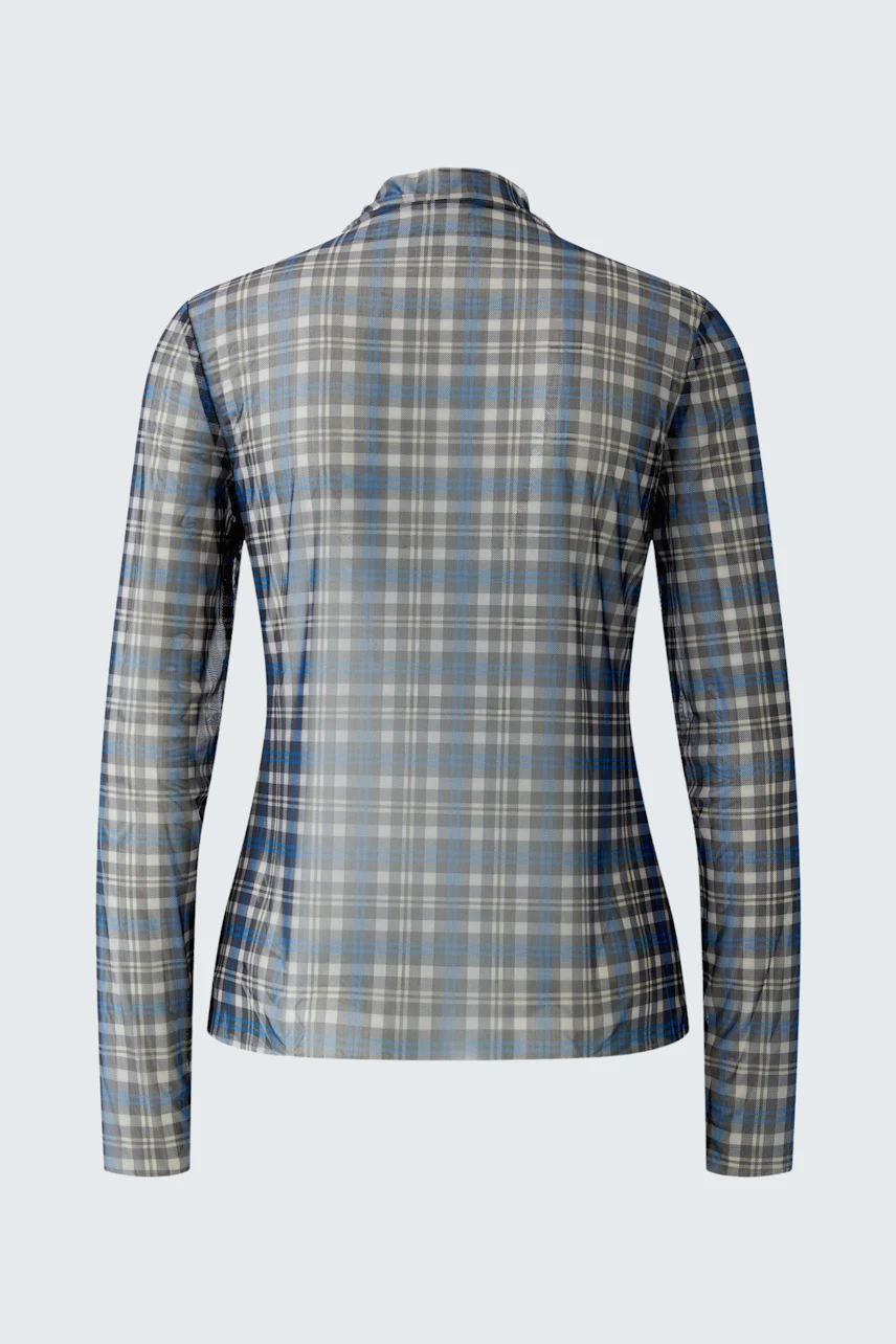 Casual women's long-sleeve shirt in blue plaid pattern, shown from the back.