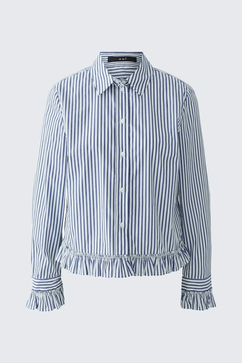 Striped women's blouse with ruffled hem and cuffs, perfect for a casual look.
