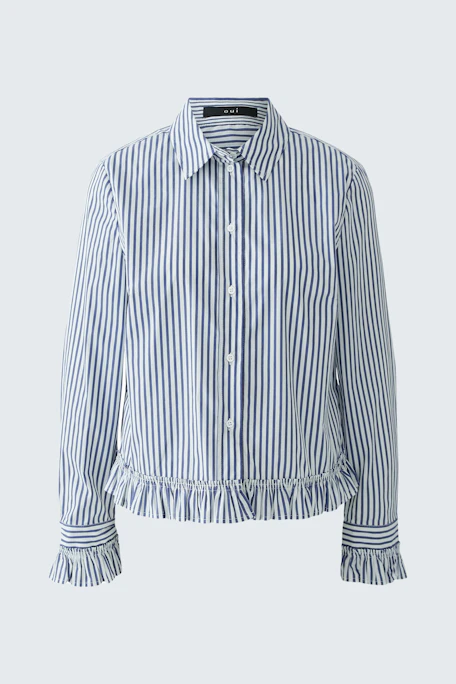 Striped women's blouse with ruffled hem and cuffs, perfect for a casual look.