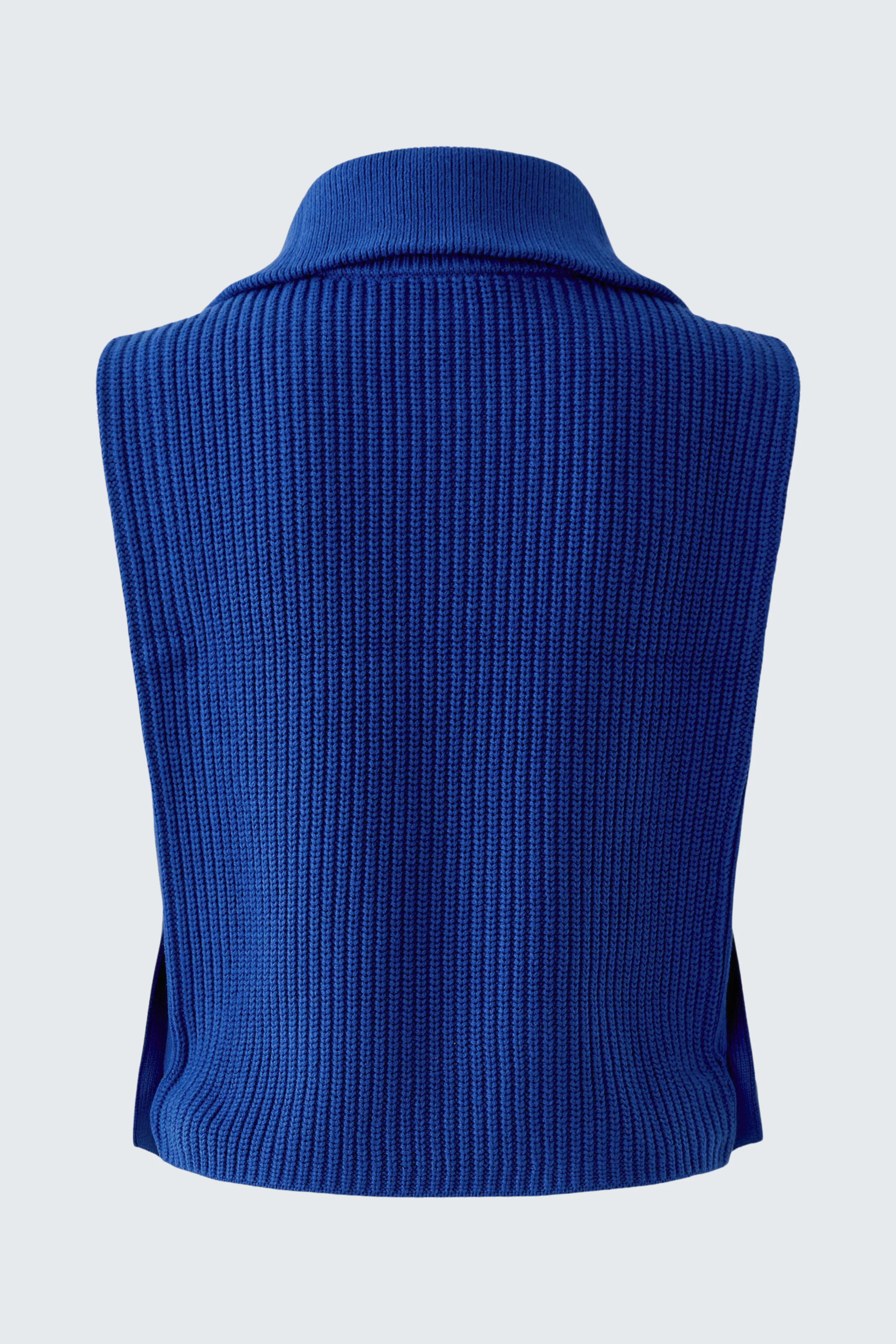 Blue ribbed pullover vest with a high collar, perfect for layering in casual outfits.