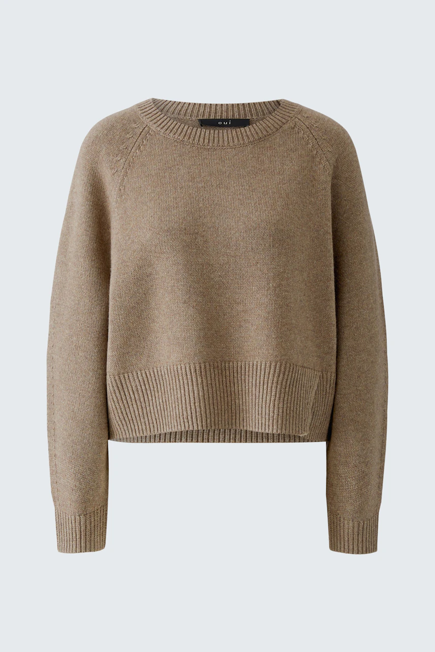 Beiger Damen-Pullover: Schlichter Strickpullover mit Rundhalsausschnitt, ideal für lässige Outfits.