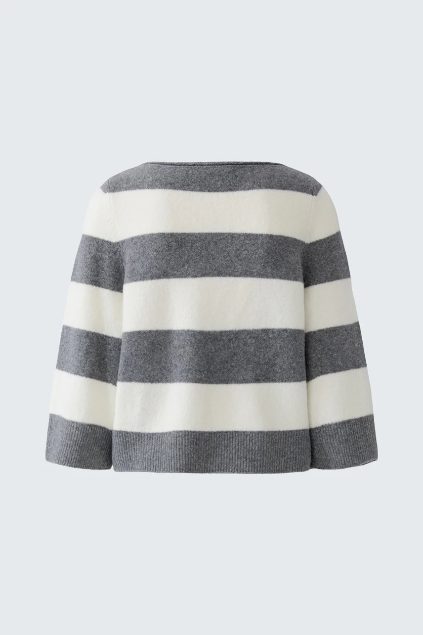Striped pullover: Grey and white horizontal stripes, cozy and casual design, perfect for everyday wear.