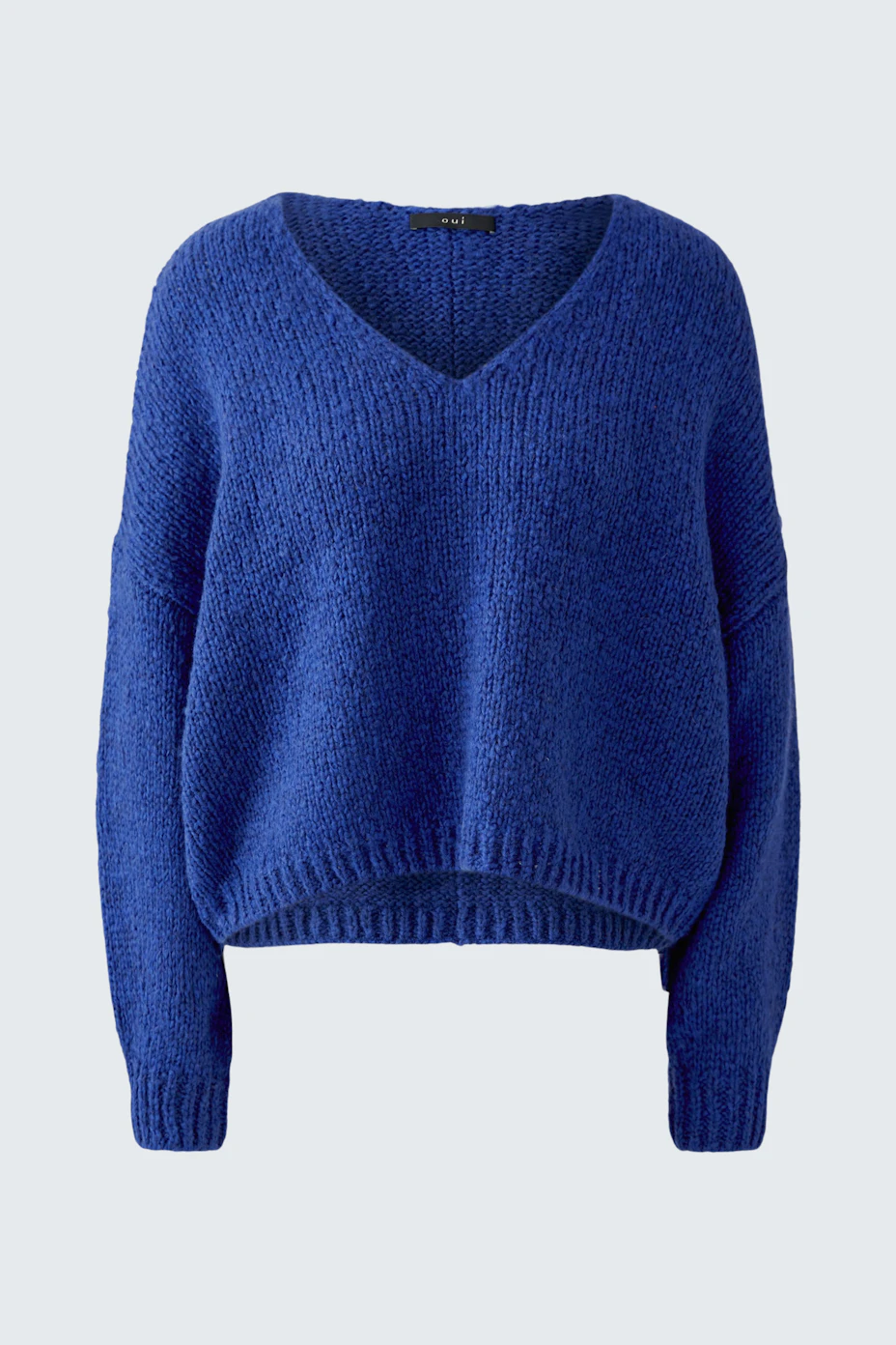 Cozy blue pullover with V-neck, textured knit, perfect for casual wear.