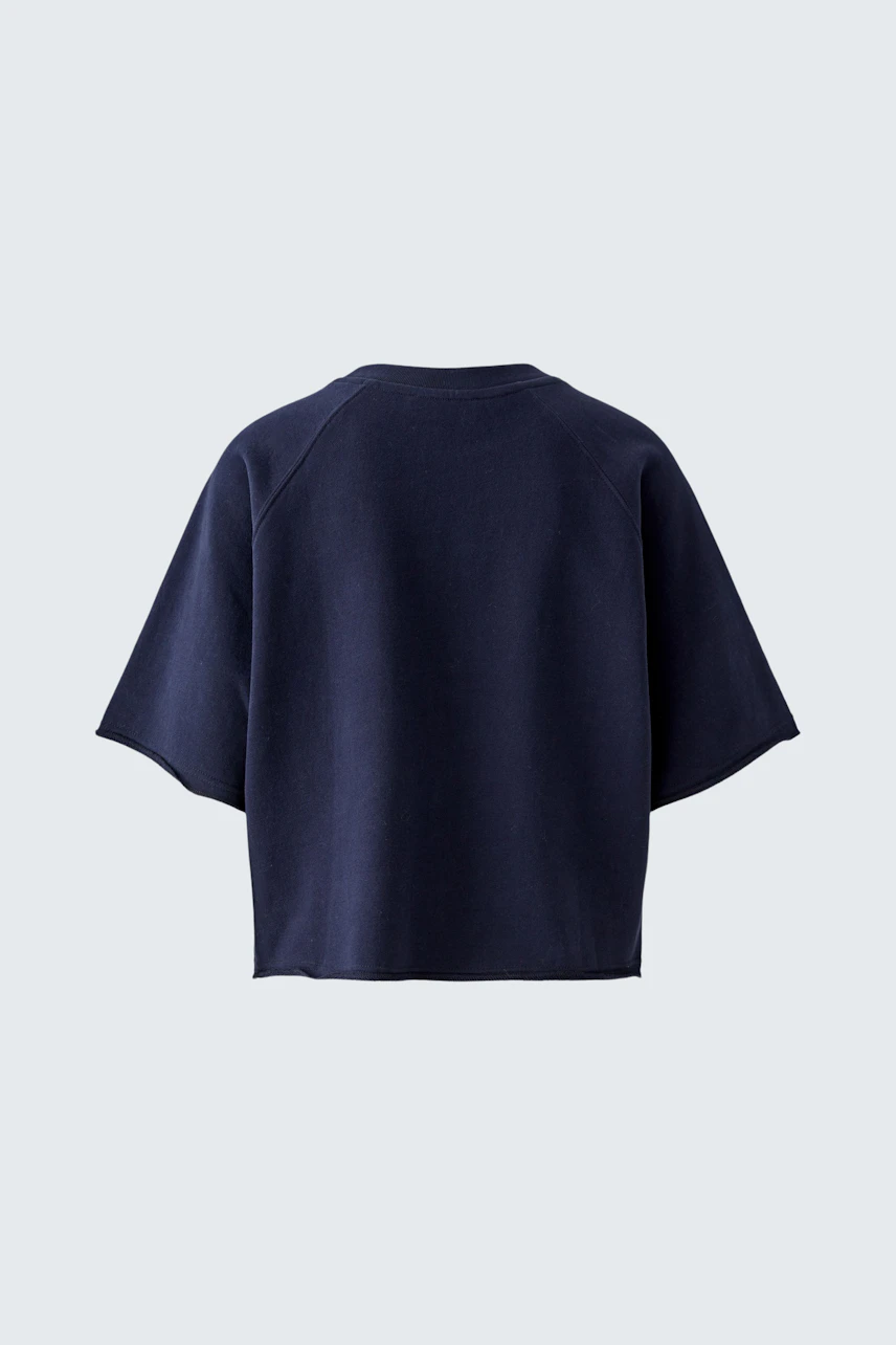Casual women's sweatshirt in navy blue, short sleeves, relaxed fit, perfect for everyday comfort.
