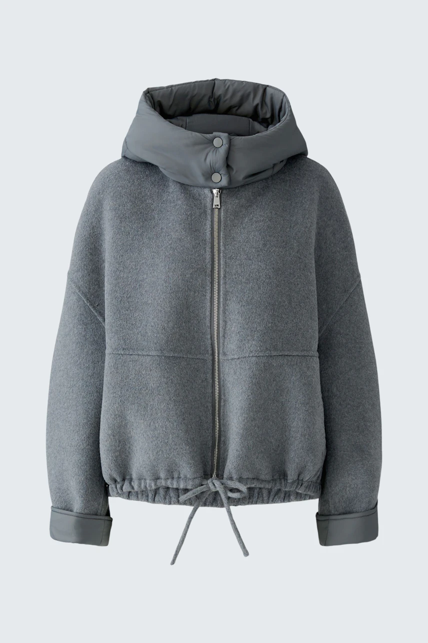Casual women's jacket: Grey hooded jacket with front zipper and drawstring hem, no model shown.