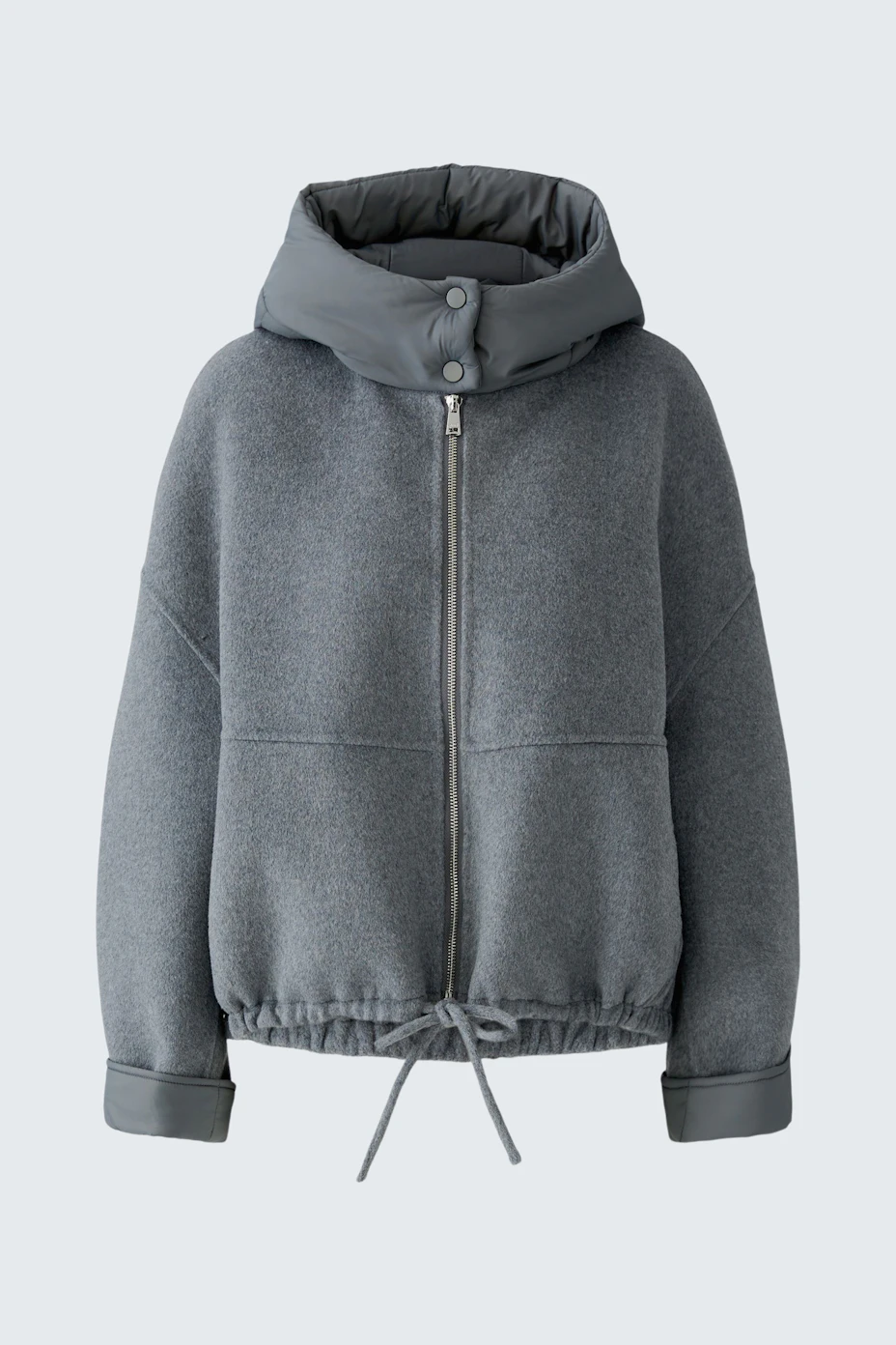 Casual women's jacket: Grey hooded jacket with front zipper and drawstring hem, no model shown.