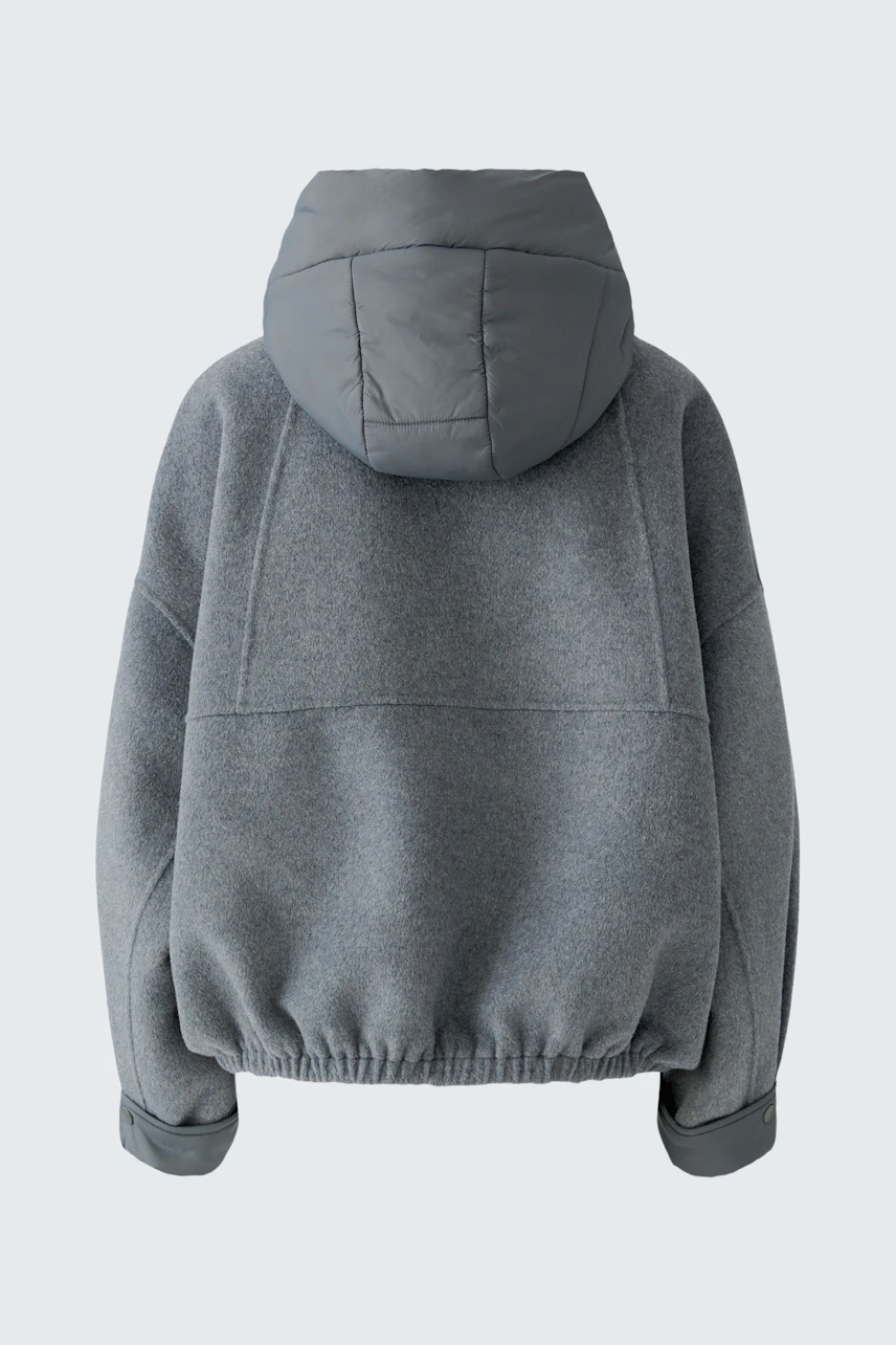 Graue Damen-Jacke mit Kapuze, Rückansicht. Schlichtes Design, ideal für kühle Tage.