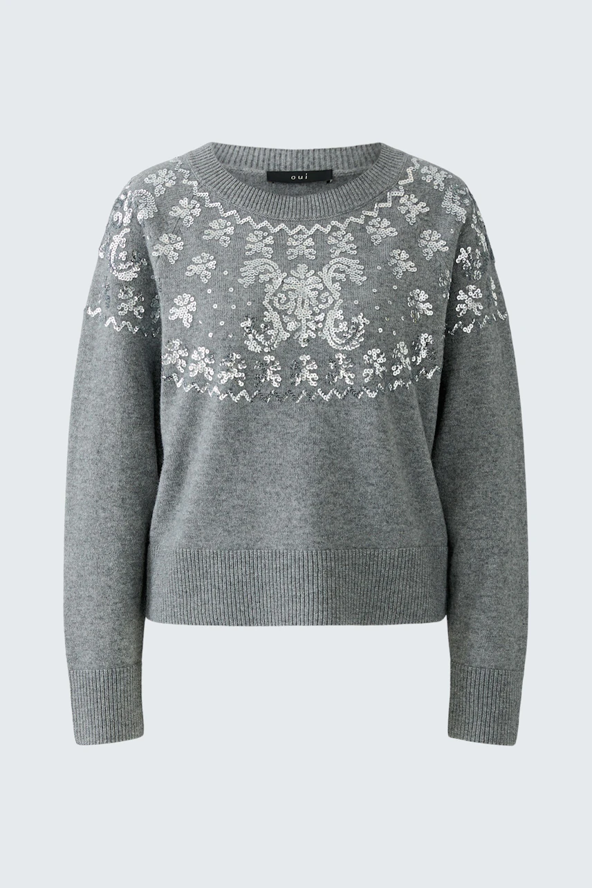 Cozy grey pullover with white patterns, perfect for casual wear. No model, just the pullover displayed.