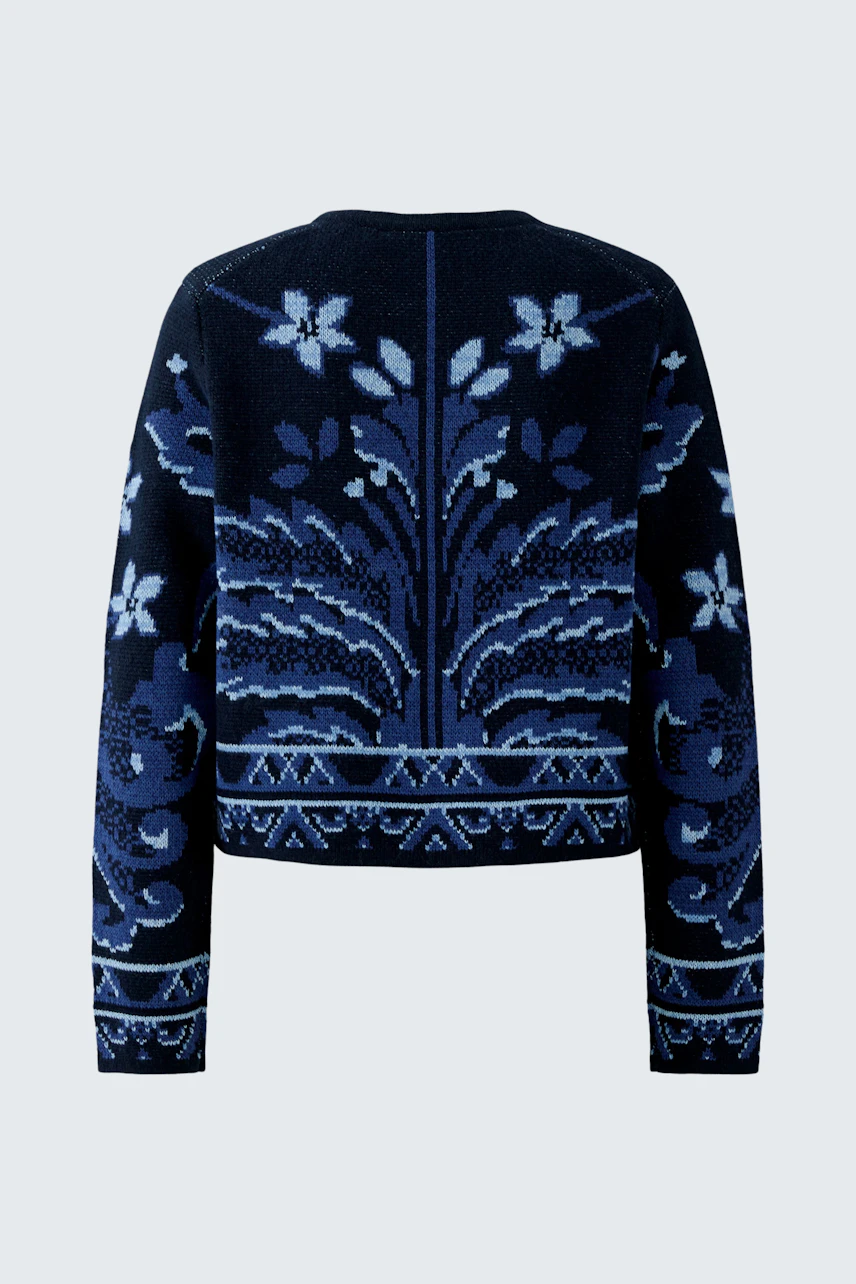 Strickjacke mit floralem Muster in Blau- und Schwarztönen, ohne Model, Rückansicht.