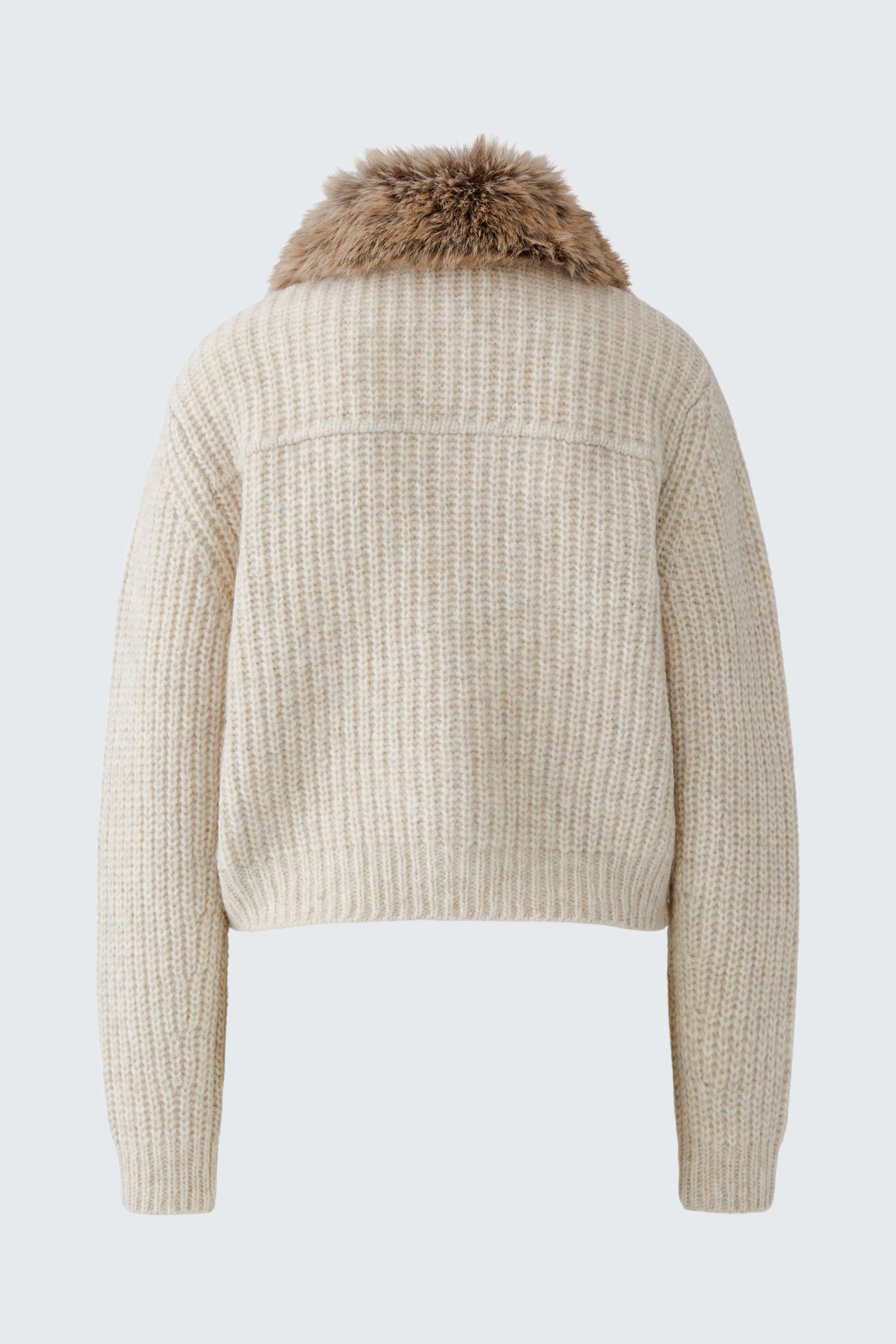 Cozy knit cardigan with faux fur collar, shown from the back. Perfect for layering in cooler weather.