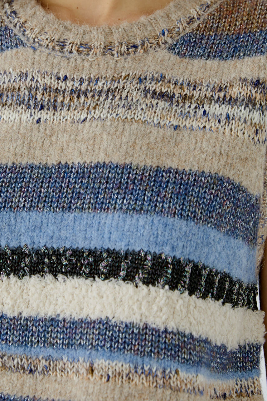 Striped pullover vest in earthy tones, close-up of knit texture. Casual and cozy for layering.