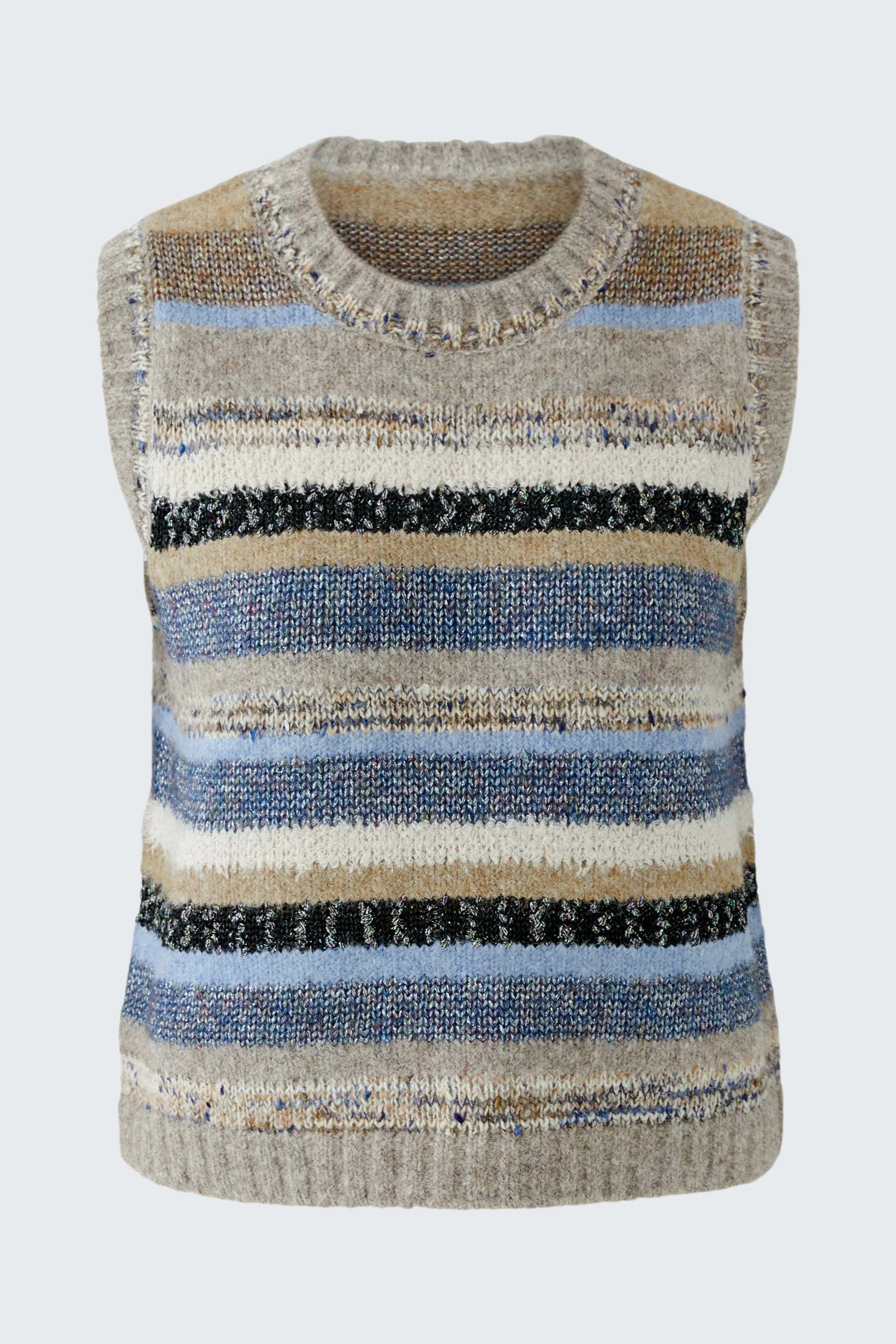 Striped pullover vest in earthy tones, no model. Casual and versatile for layering.