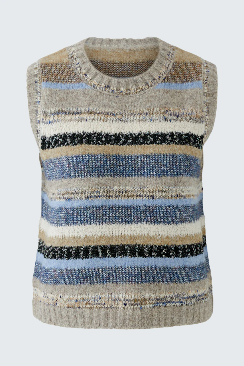 Striped pullover vest in earthy tones, no model. Casual and versatile for layering.