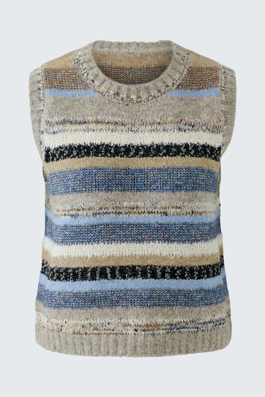 Striped pullover vest in earthy tones, no model. Casual and versatile for layering.