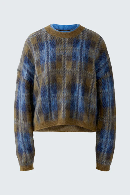 Kariertes Damen-Pullover: Blau-braunes Muster, lässiger Schnitt, ideal für kühle Tage.