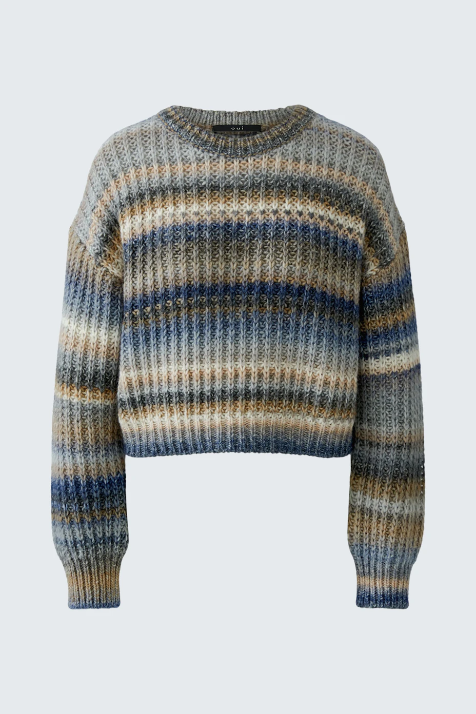 Striped pullover in earthy tones, featuring a cozy knit texture. Ideal for casual wear.
