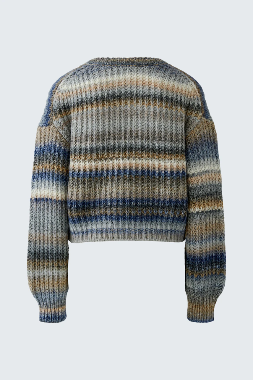 Gestreifter Damen-Pullover in Blau- und Brauntönen, ohne Model, zeigt Rückansicht des Kleidungsstücks.