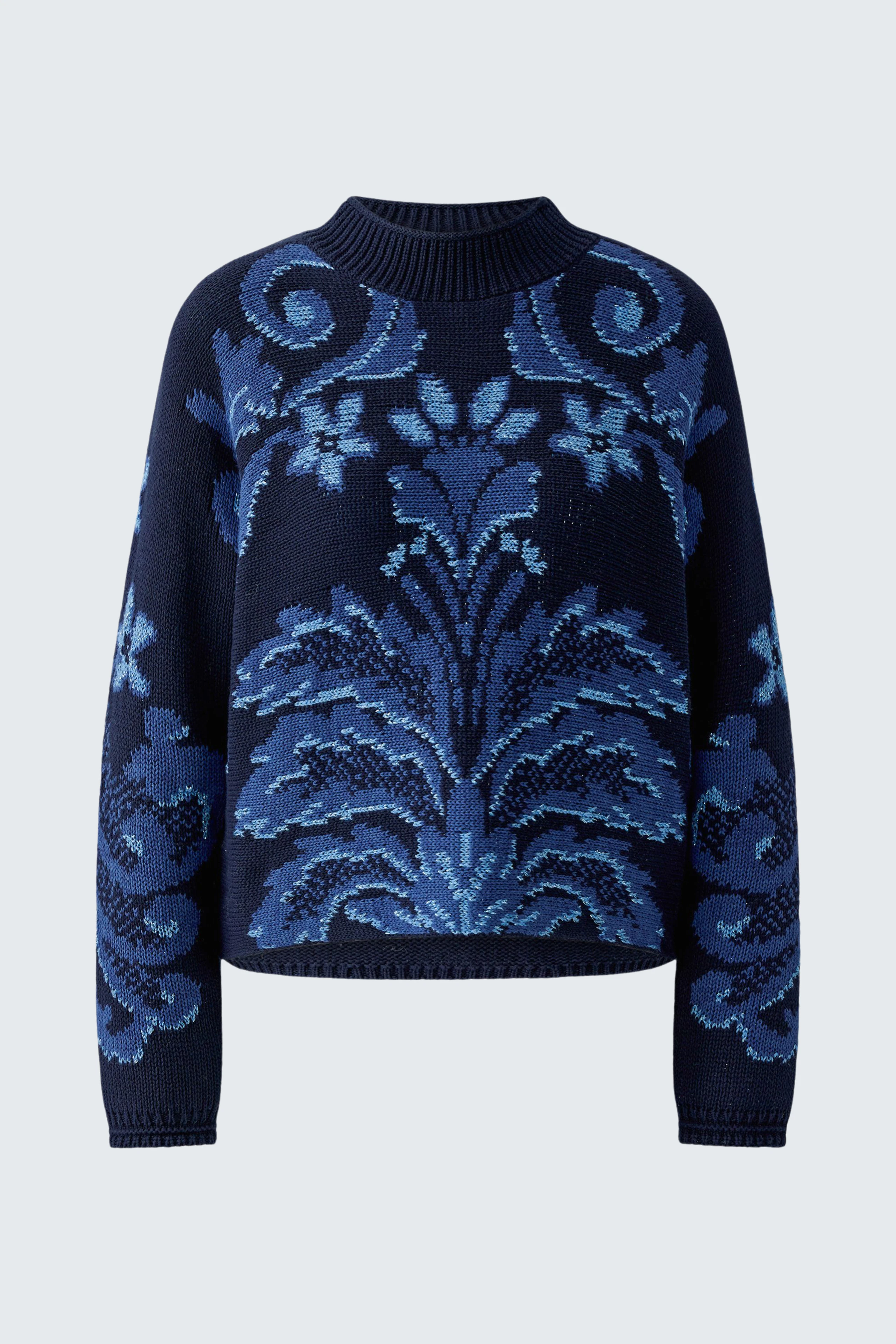 Damen-Pullover: Dunkelblauer Strickpullover mit floralem Muster in Blau, ohne Model abgebildet.