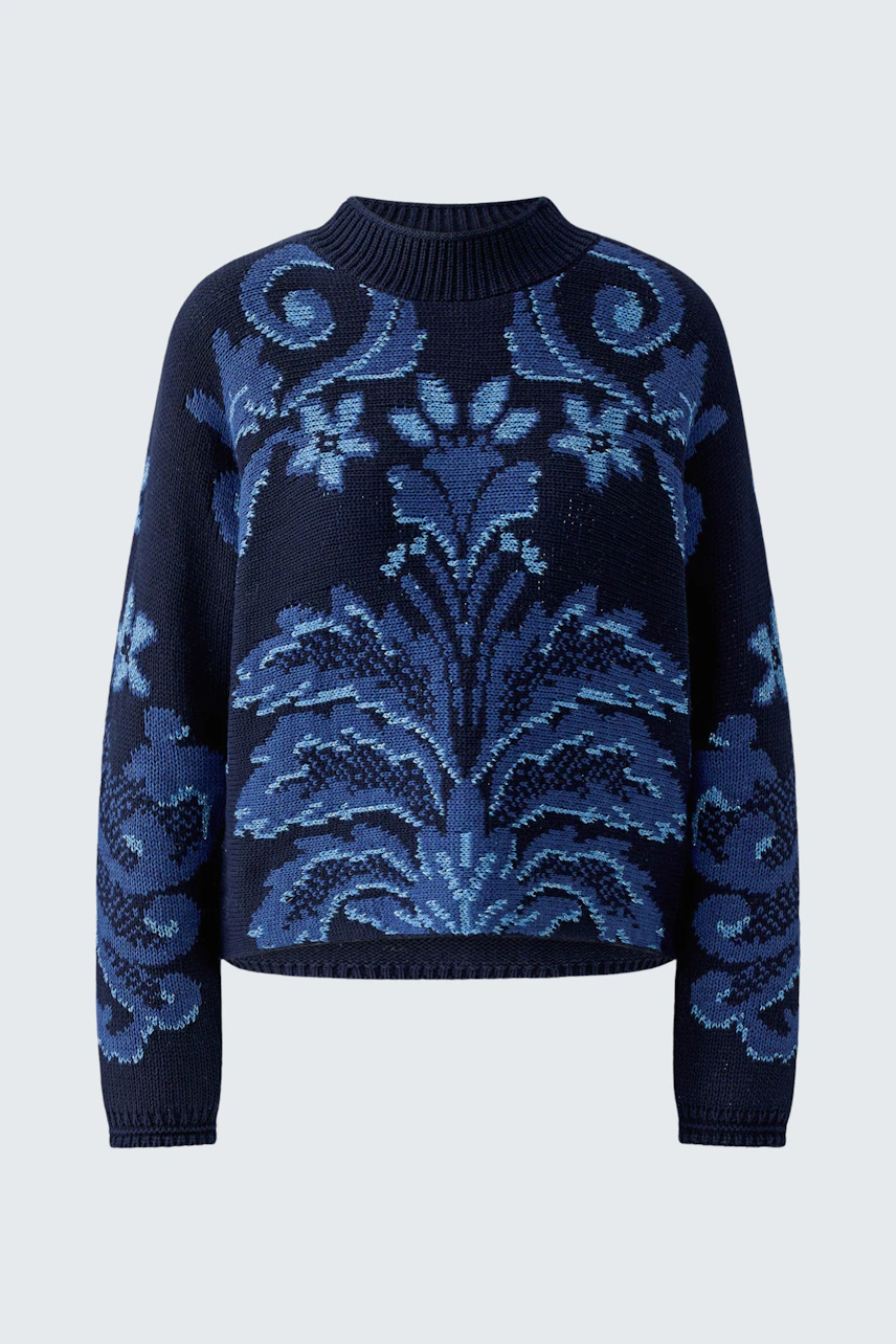 Damen-Pullover: Dunkelblauer Strickpullover mit floralem Muster in Blau, ohne Model abgebildet.