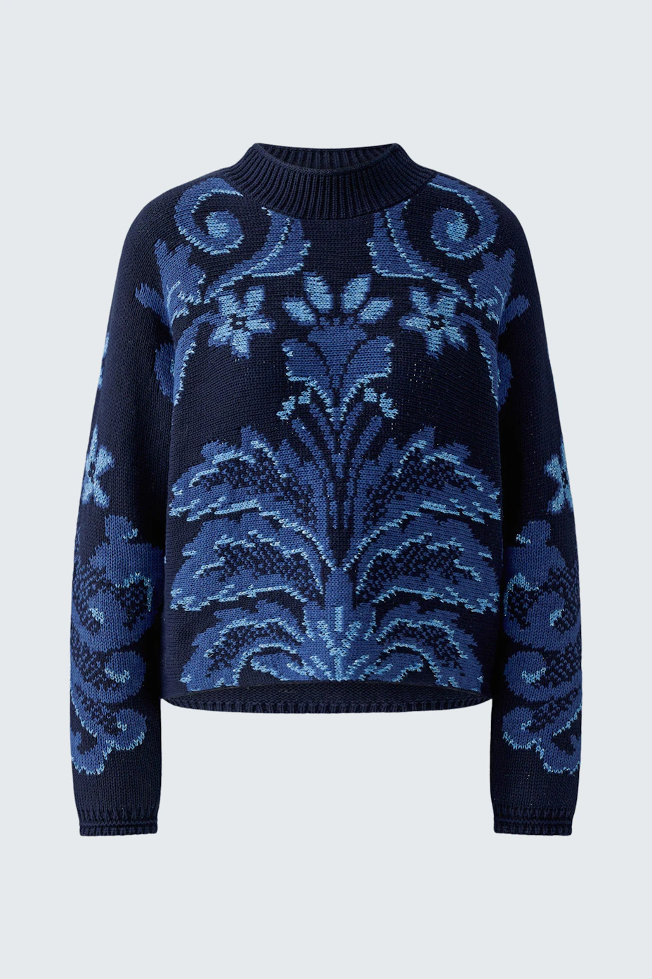 Navy pullover with intricate blue floral patterns, perfect for a stylish and cozy look.