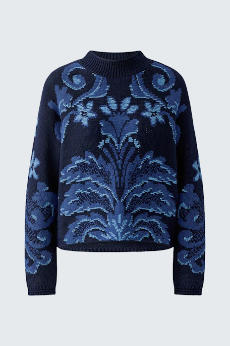 Damen-Pullover: Dunkelblauer Strickpullover mit floralem Muster in Blau, ohne Model abgebildet.