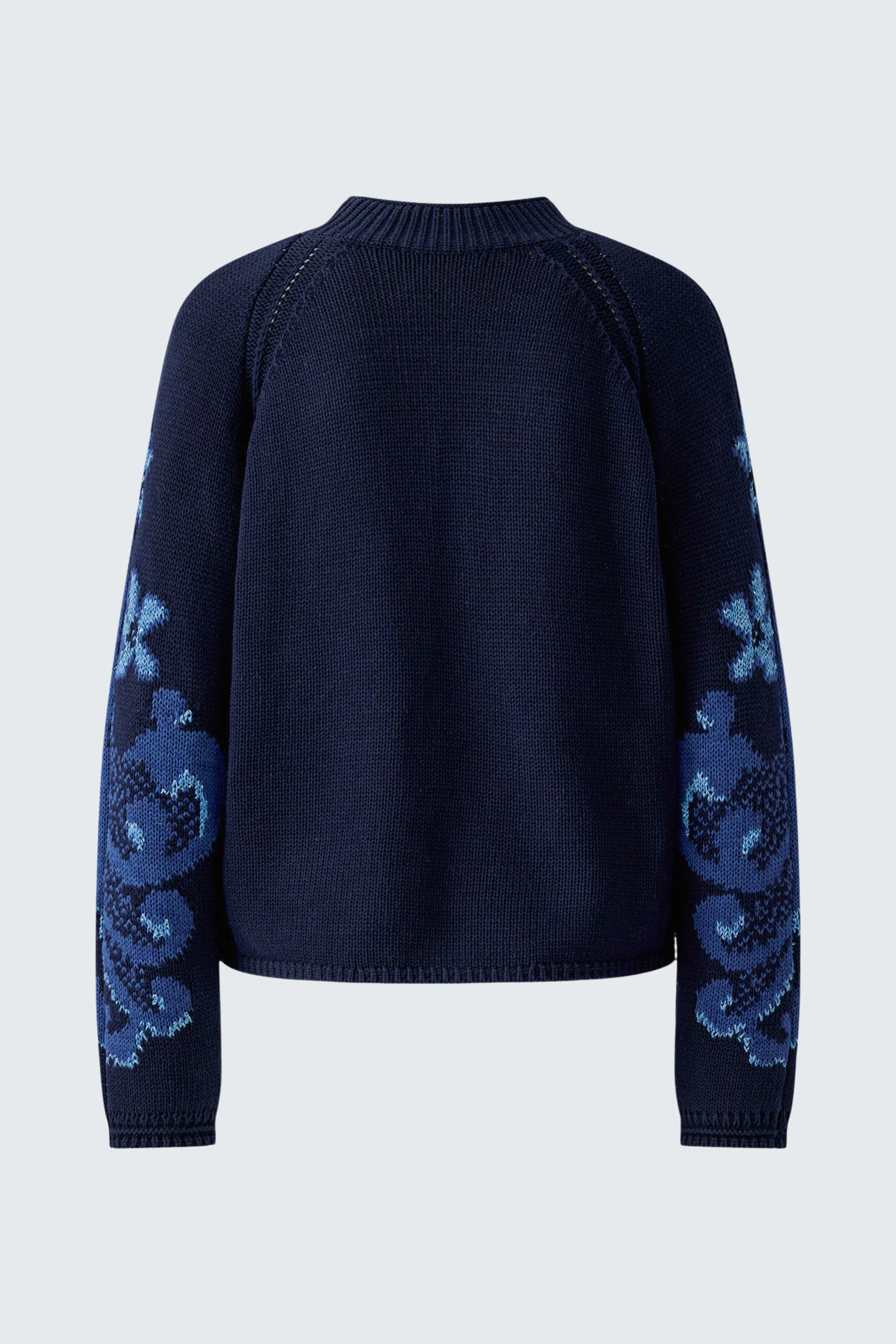 Damen-Pullover: Dunkelblauer Strickpullover mit floralen Ärmeldetails, Rückansicht.