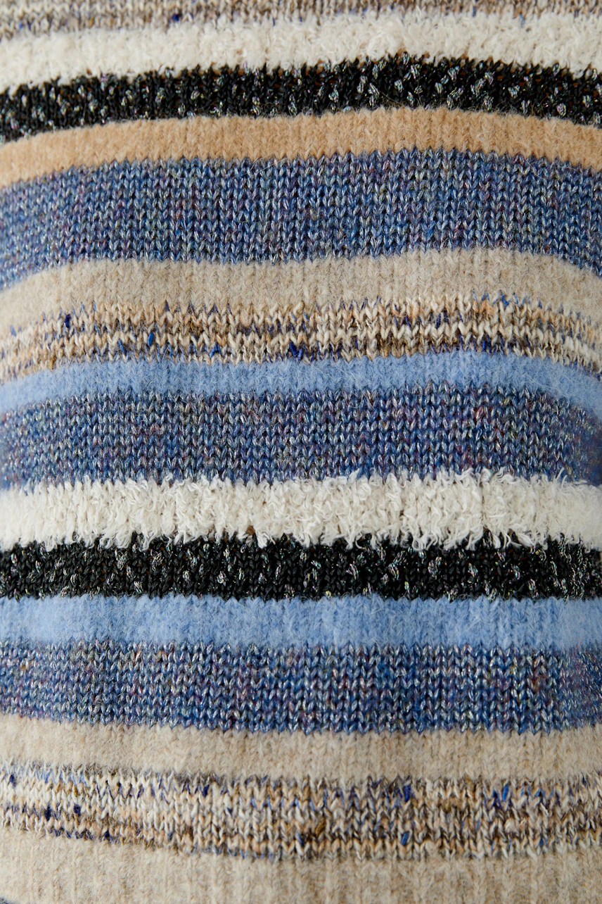 Striped pullover in earthy tones with blue accents, showcasing a textured knit pattern. No model visible.