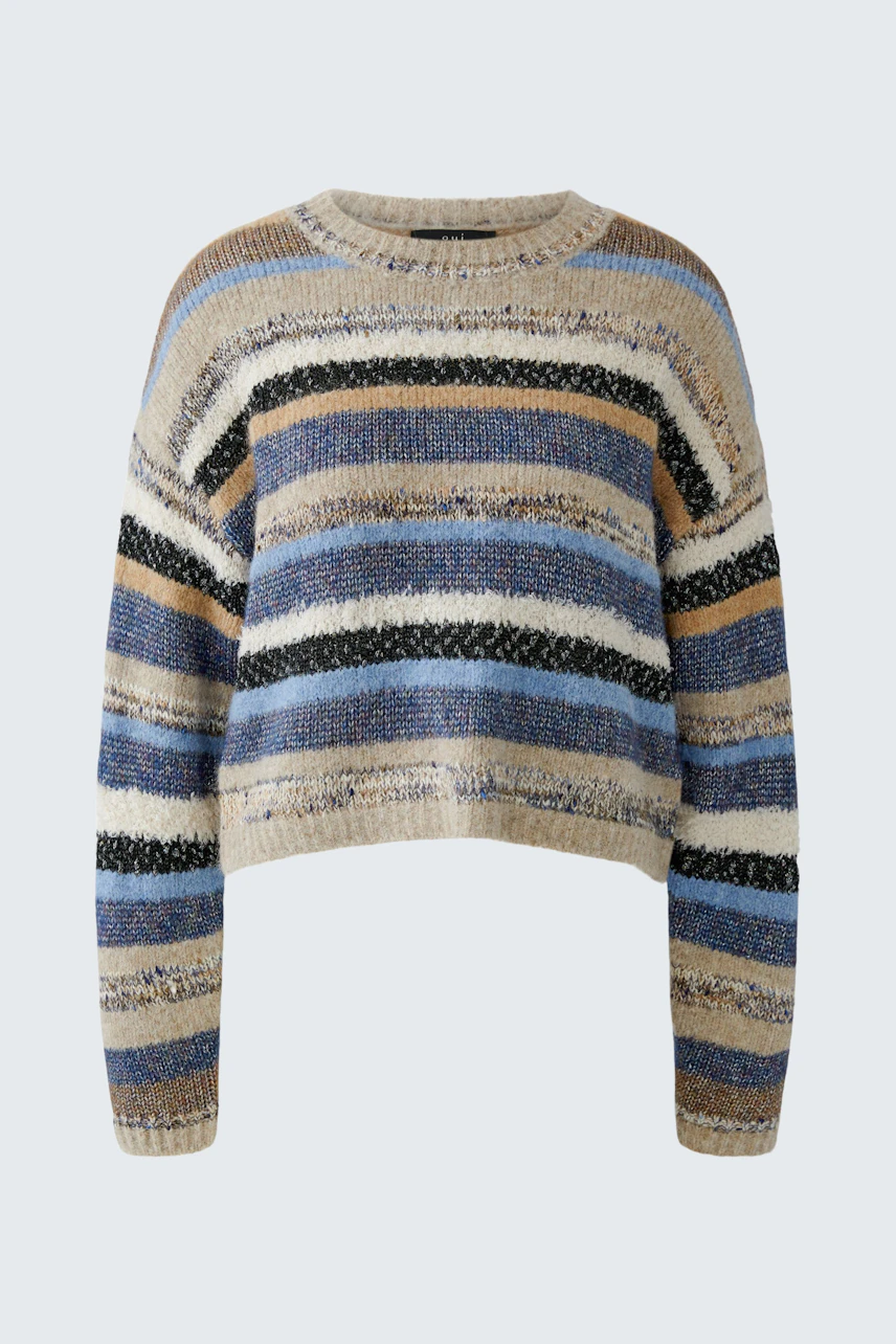 Striped pullover: Cozy knit with blue, beige, and black stripes, perfect for casual wear.