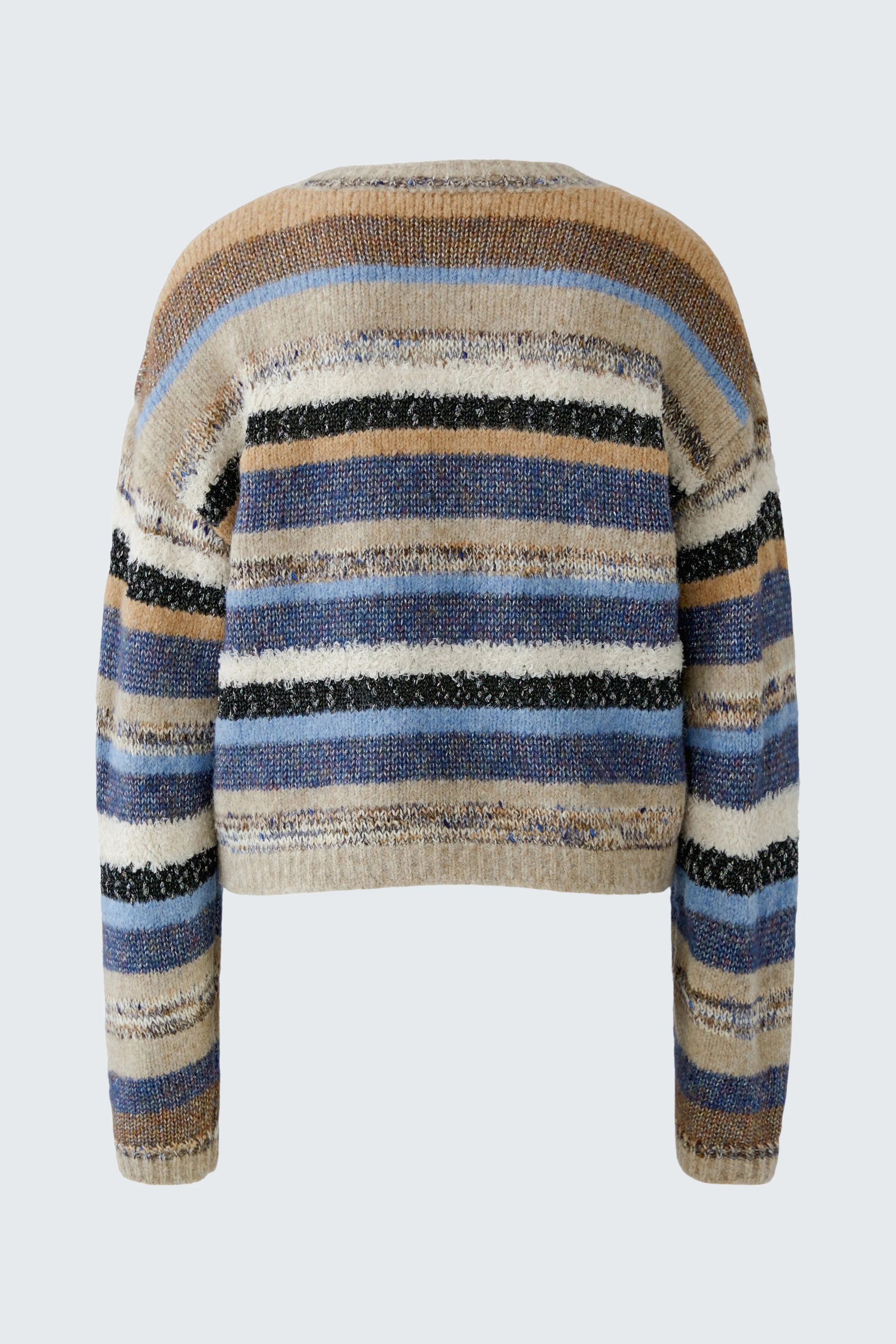 Striped pullover in earthy tones, featuring blue, brown, and cream stripes. Cozy and casual for everyday wear.