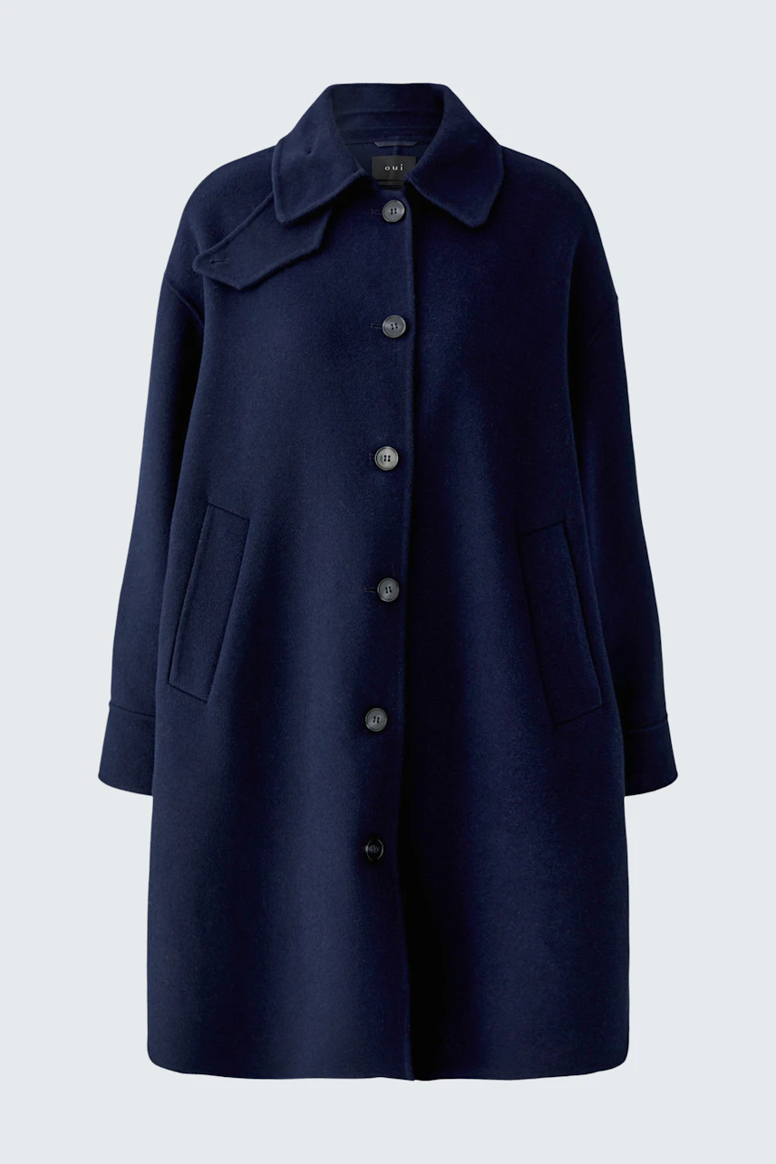 Classic women's wool coat: Navy blue coat with button closure and side pockets, displayed on a hanger.