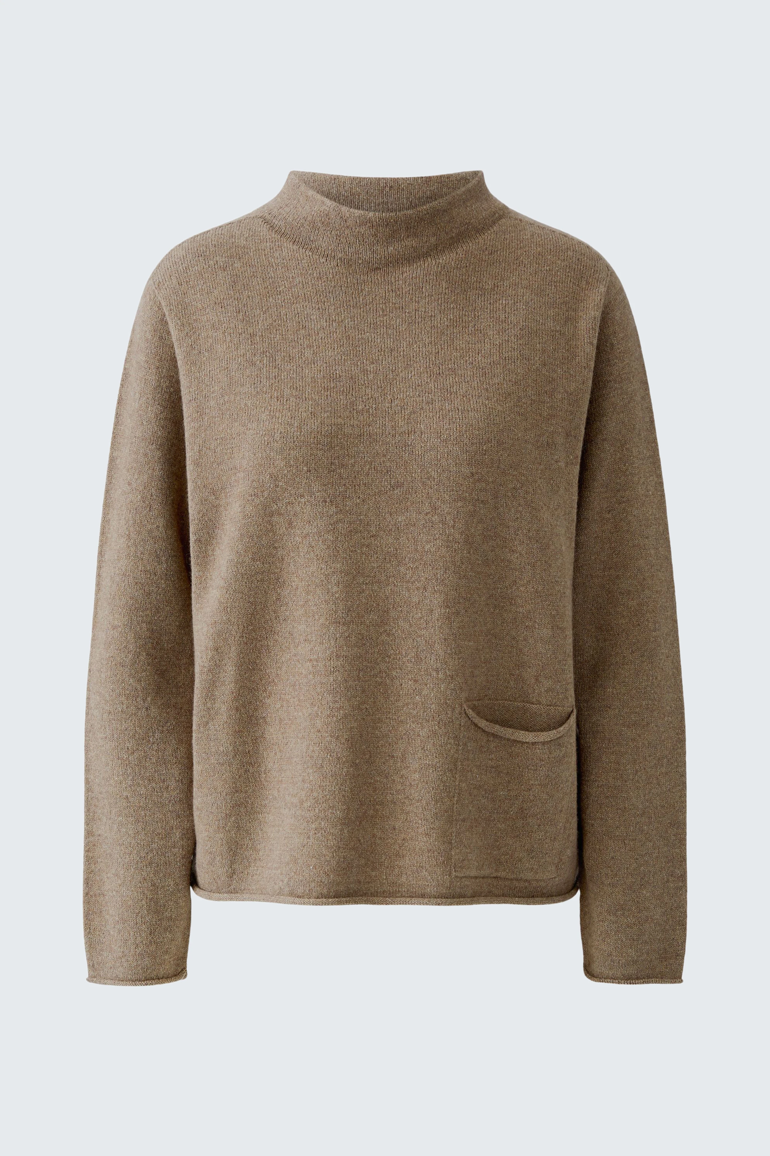 Schlichter Damen-Pullover: Brauner Pullover mit hohem Kragen und Tasche, ohne Model präsentiert.