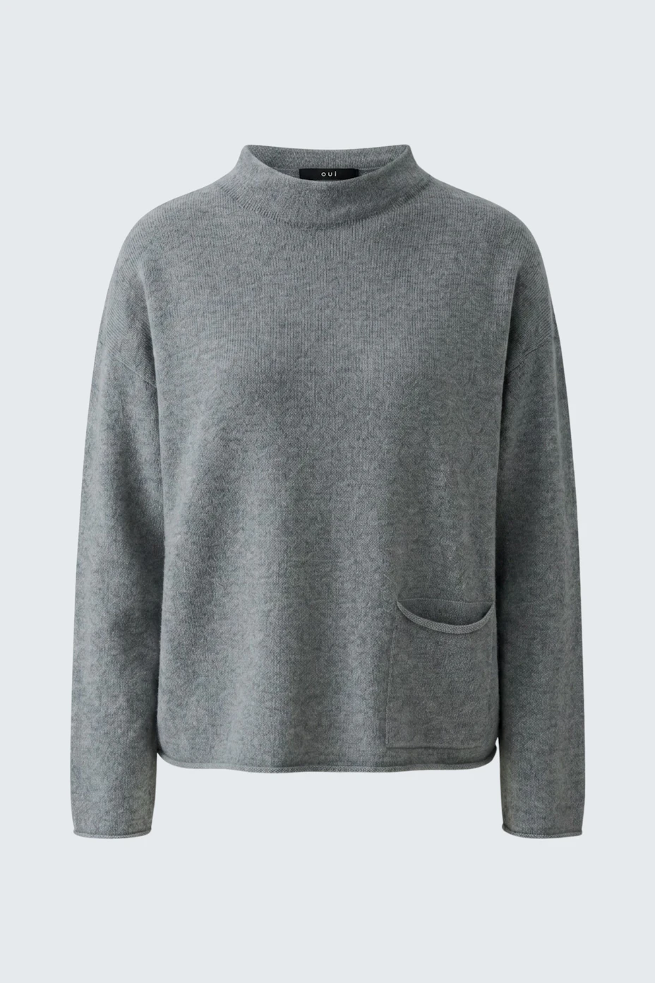 Casual women's pullover: Grey pullover with a high neck and front pocket, perfect for everyday wear.