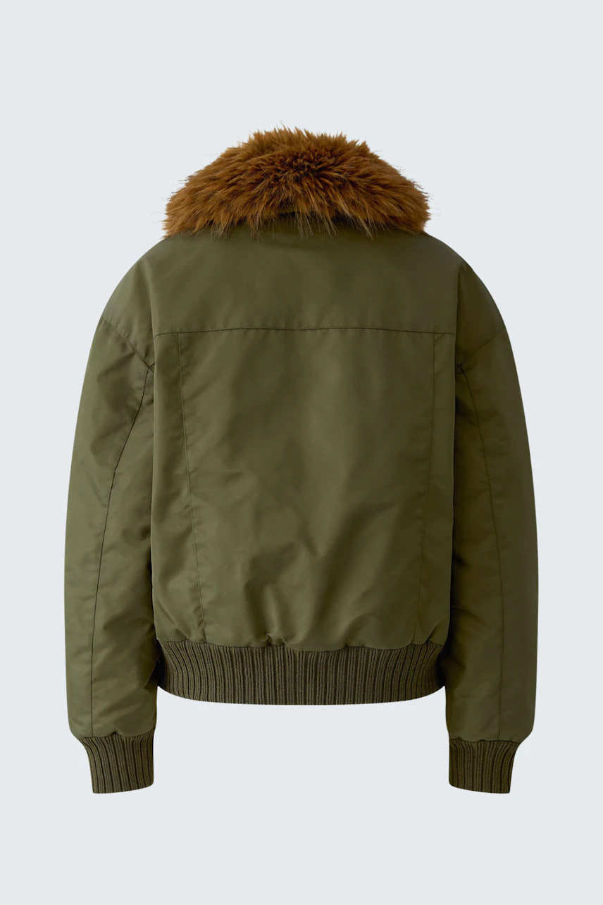 Casual blouson jacket in olive green with faux fur collar, shown from the back.