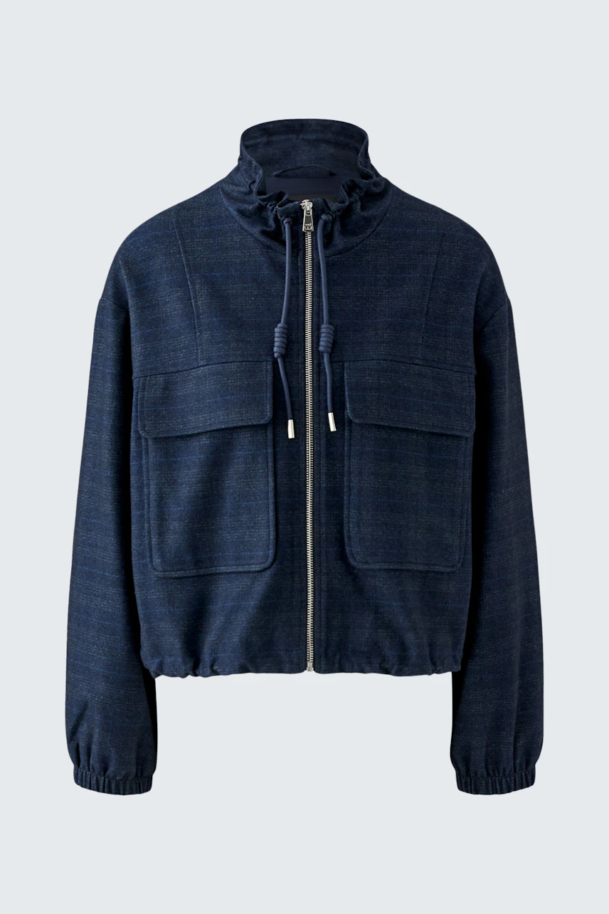 Casual women's jacket: Navy blue zip-up jacket with large front pockets and a high collar.