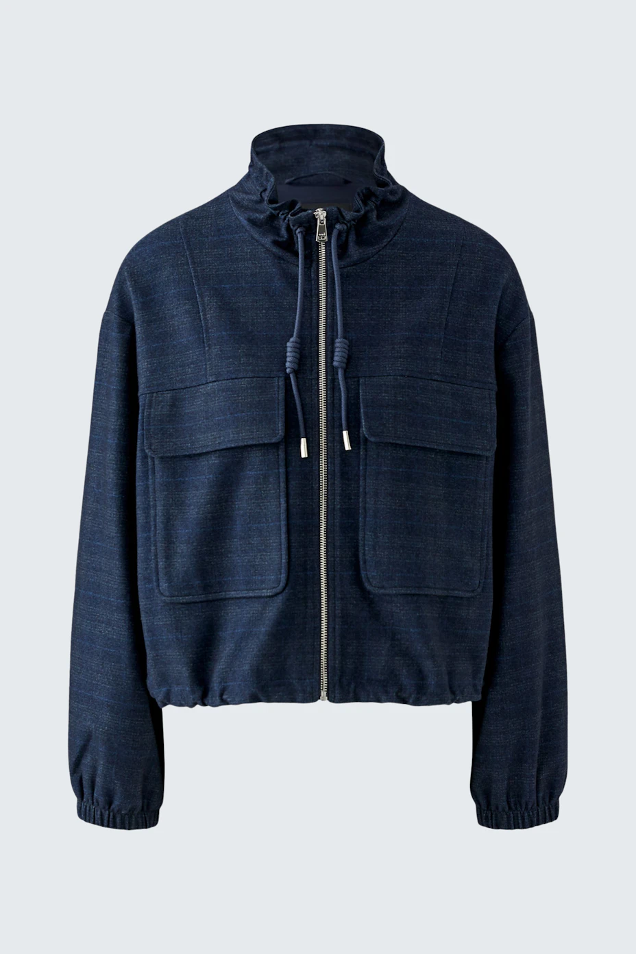 Casual women's jacket: Navy blue zip-up jacket with large front pockets and a high collar.