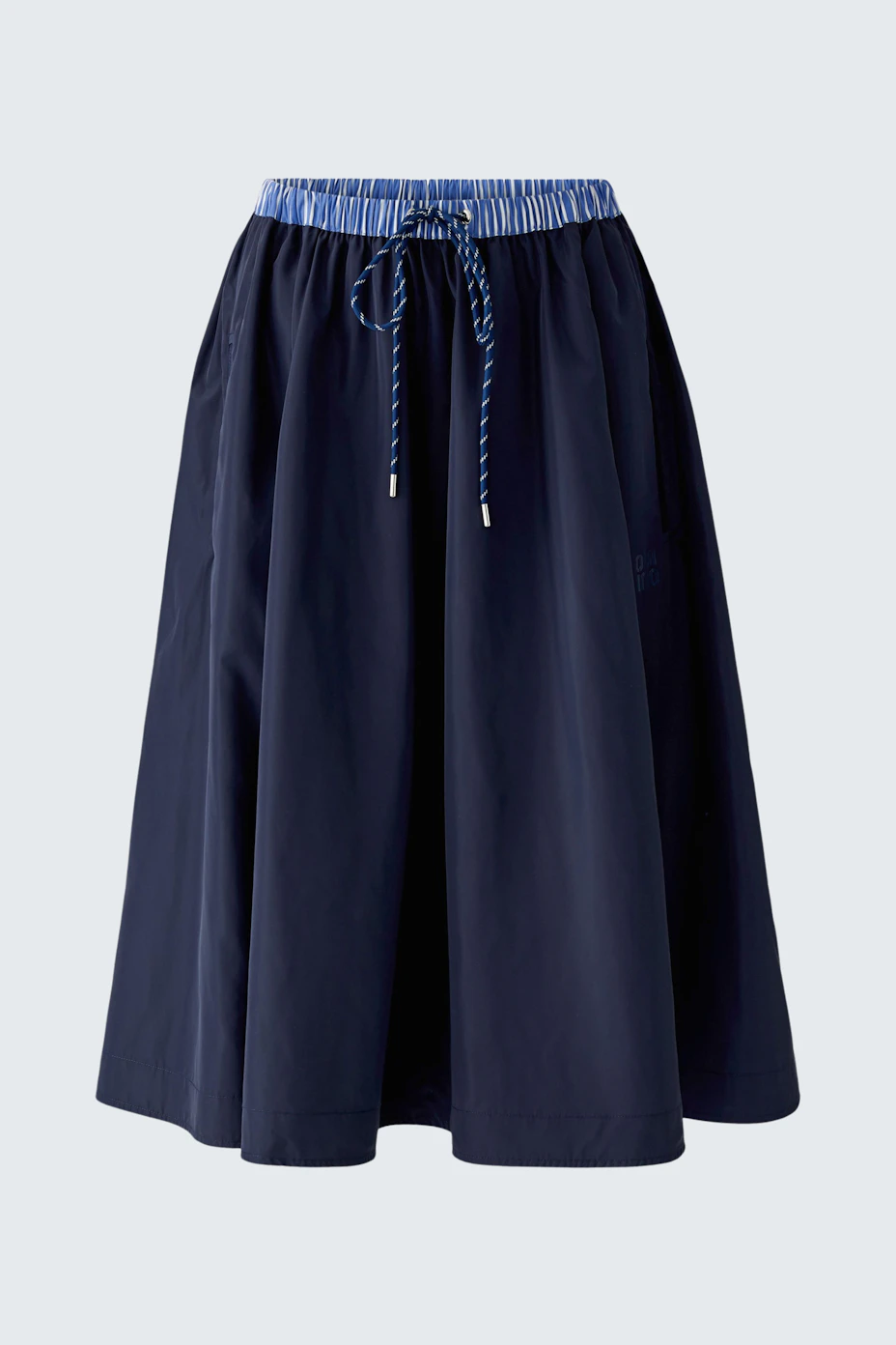 Navy blue midi skirt with drawstring waist, perfect for casual outings.