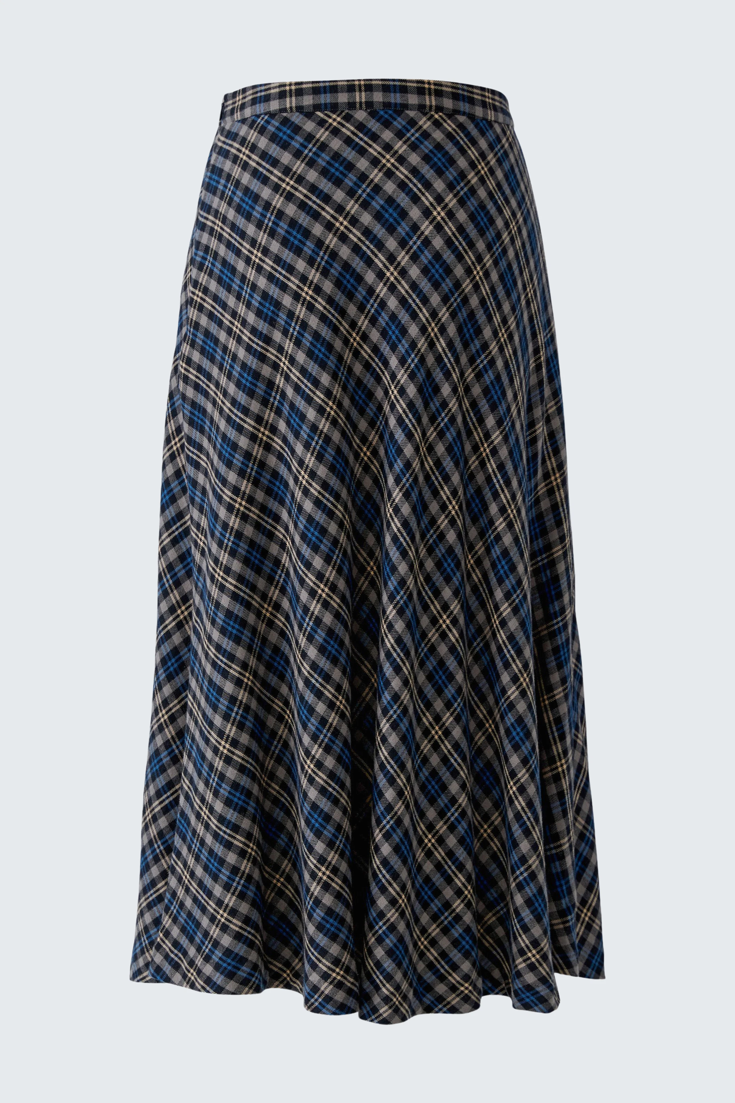 Kariert A-Linien-Rock: Blau-braunes Muster, knielang, ohne Model, ideal für lässige Outfits.