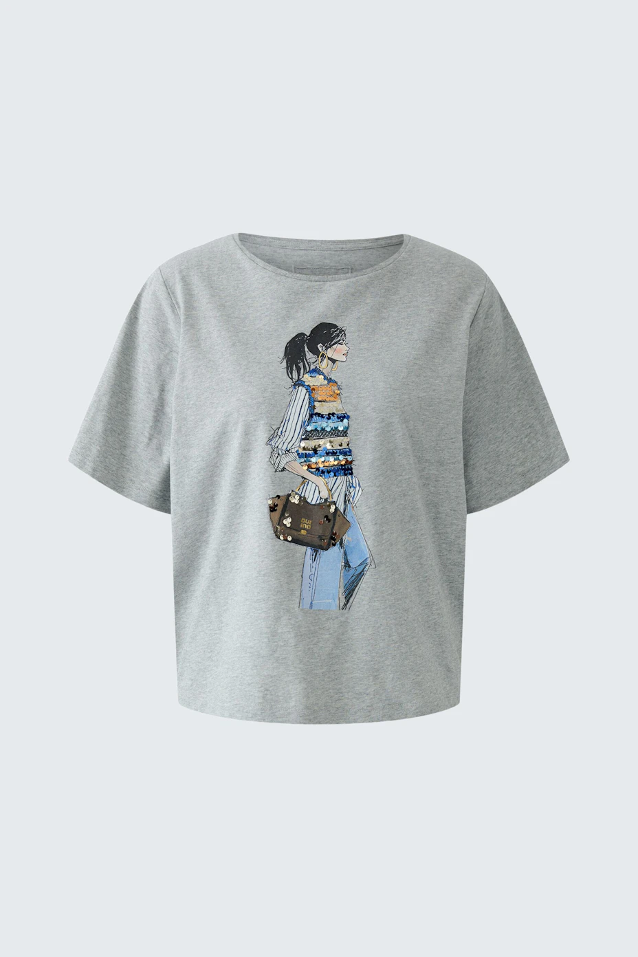 Casual women's T-shirt: Grey T-shirt with a stylish print of a woman in a colorful outfit.