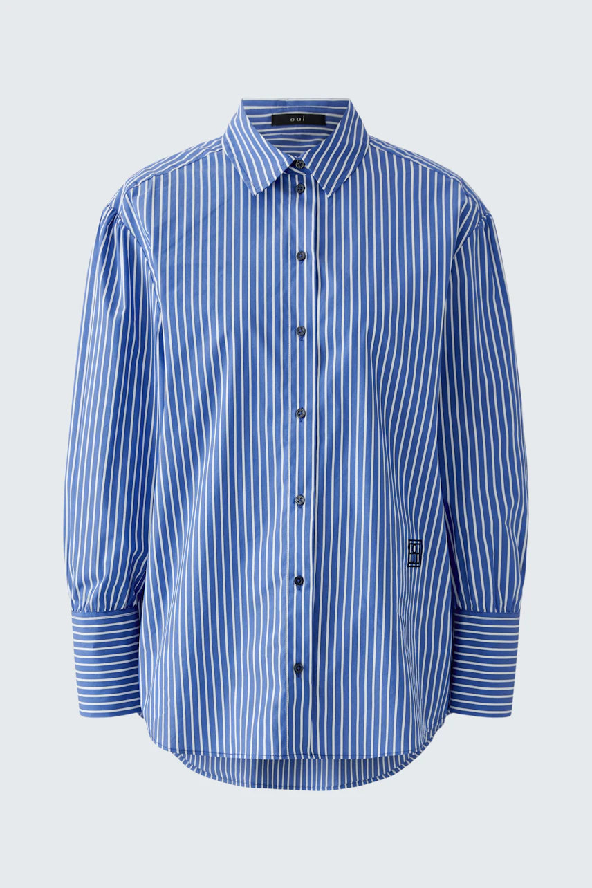 Casual women's shirt blouse: Blue and white striped button-up with long sleeves, perfect for everyday wear.