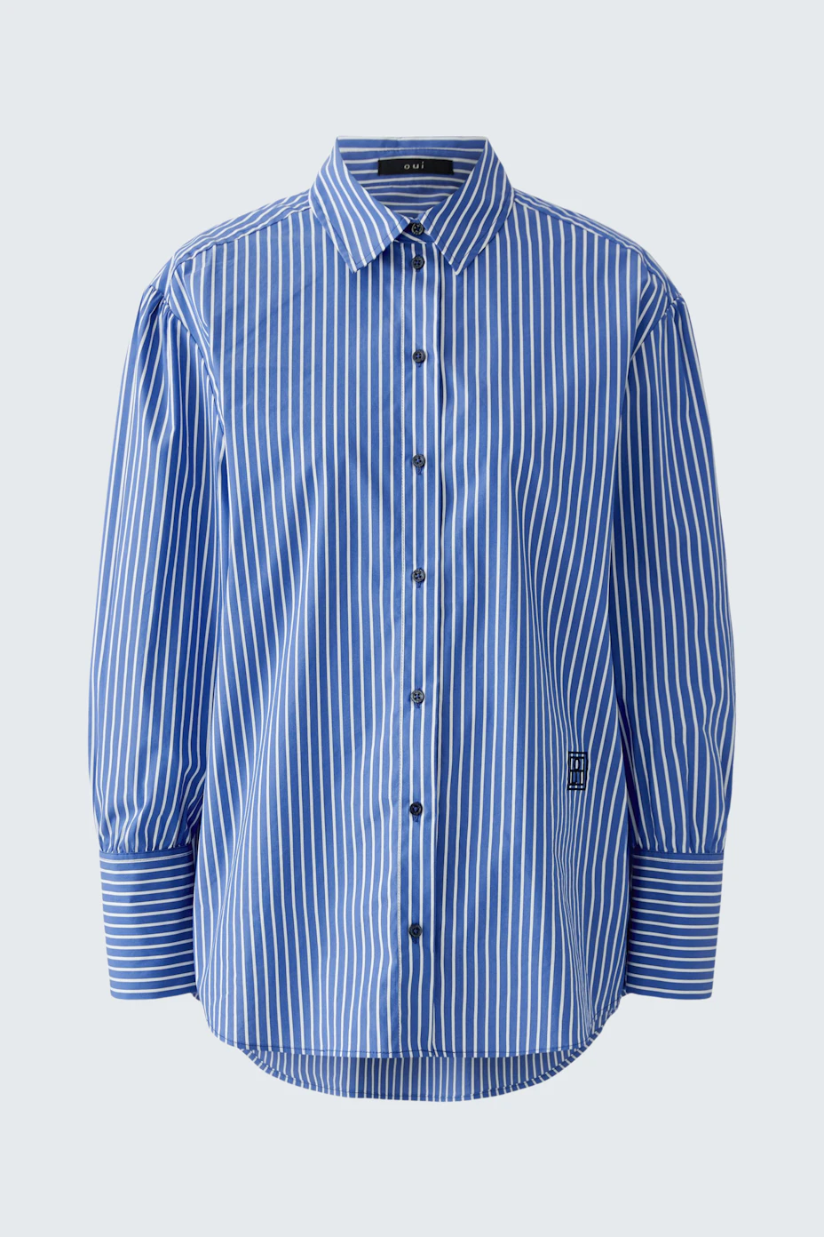 Casual women's shirt blouse: Blue and white striped button-up with long sleeves, perfect for everyday wear.