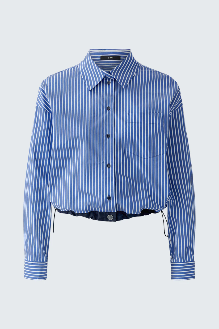 Striped shirt blouse: Blue and white striped blouse with button-up front, perfect for casual wear.