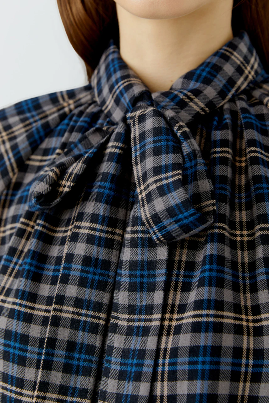 Plaid blouse: Woman in a blue and gray checkered blouse with a bow tie detail.