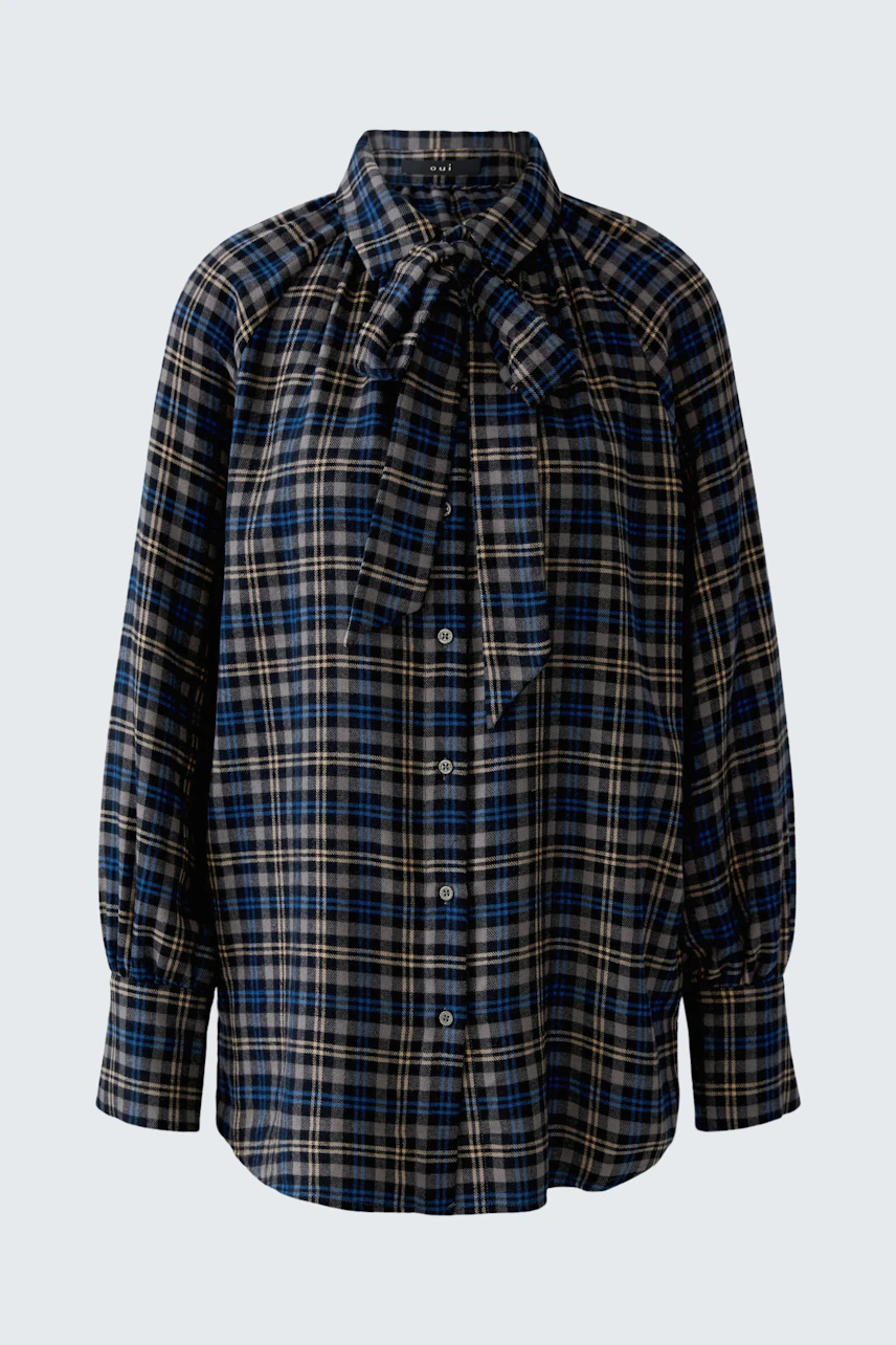 Casual women's blouse: Blue and brown plaid blouse with a bow tie collar, perfect for everyday wear.