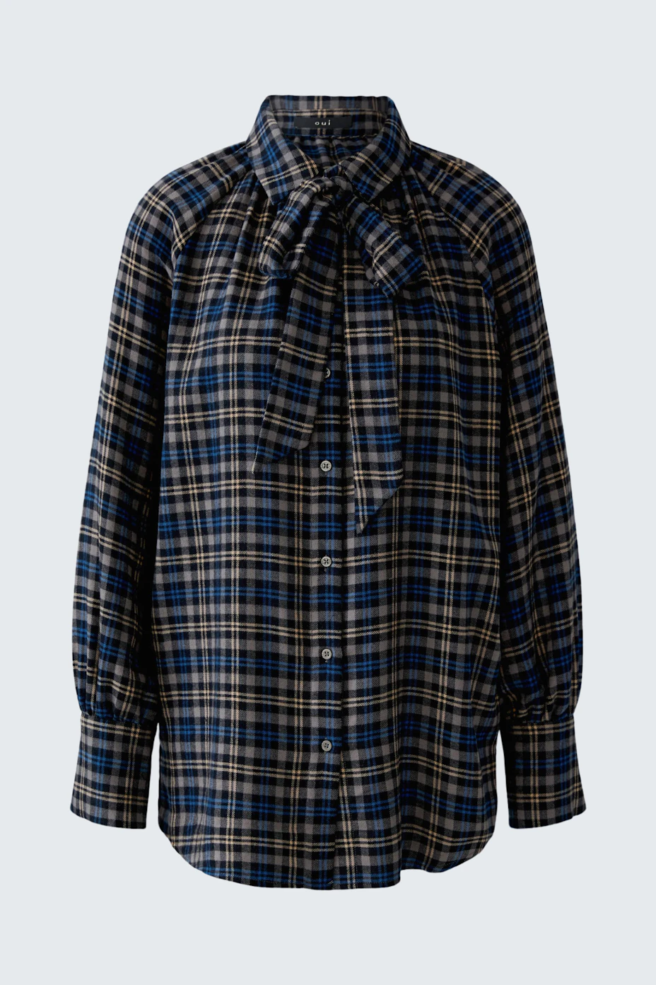 Casual women's blouse: Blue and brown plaid blouse with a bow tie collar, perfect for everyday wear.